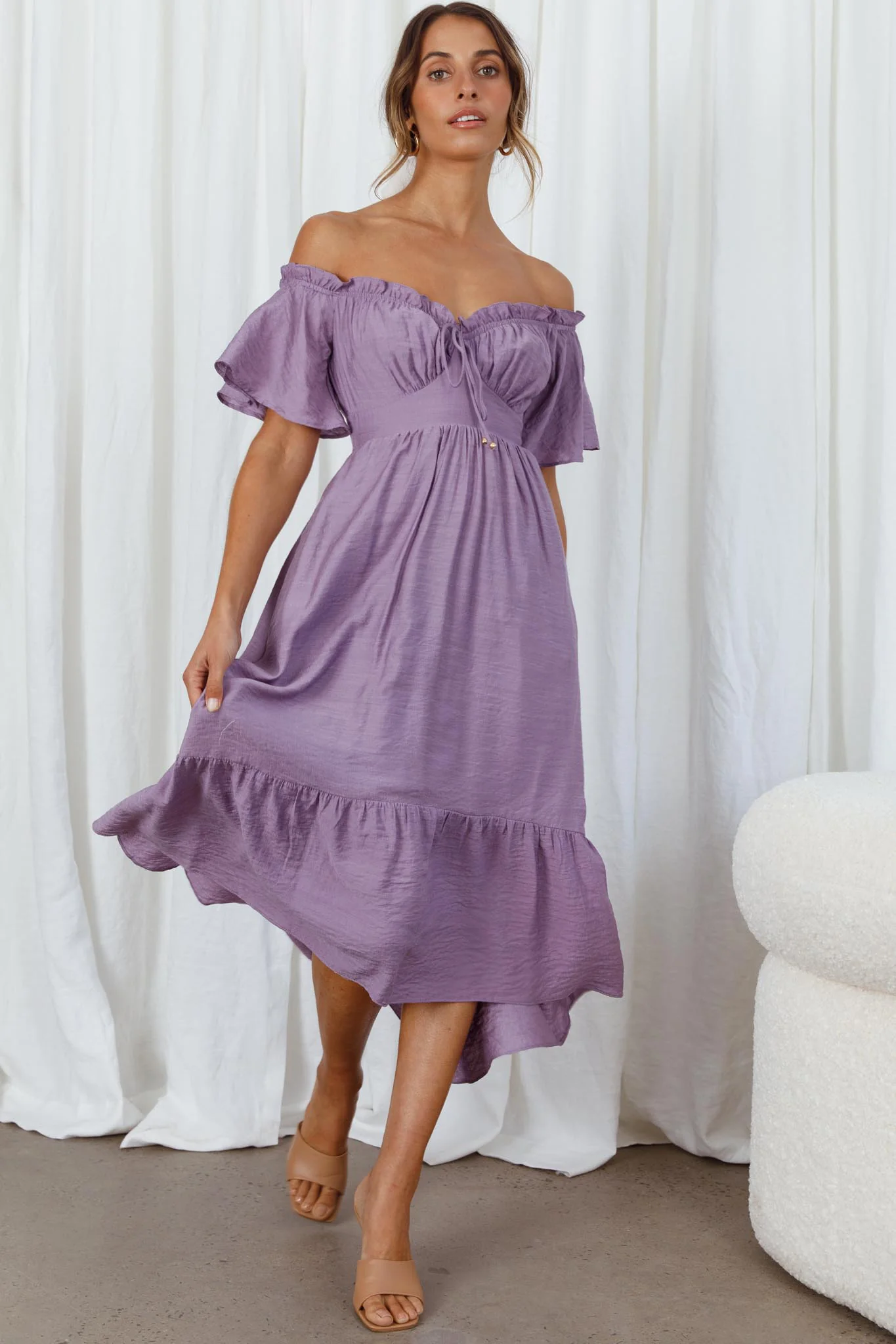 Dandelion Off-Shoulder Tied Back Midi Dress Purple - Sonourner