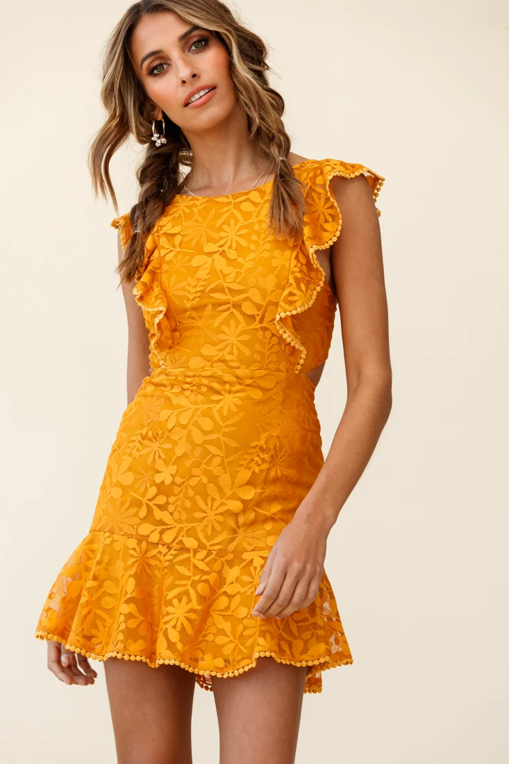 Jackie Pinafore Floral Mesh Dress Mustard - Sonourner