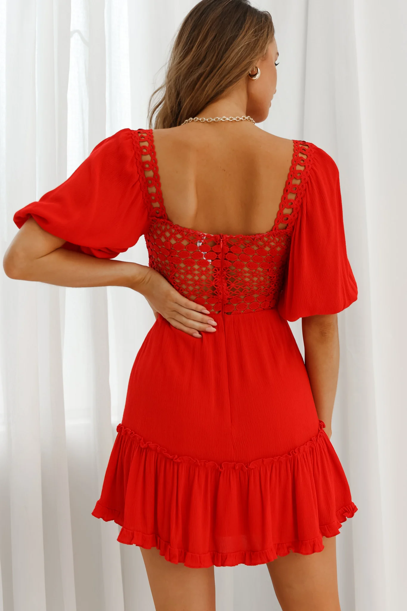 Golden Hour Lace-Up Front Crochet Dress Red - Sonourner