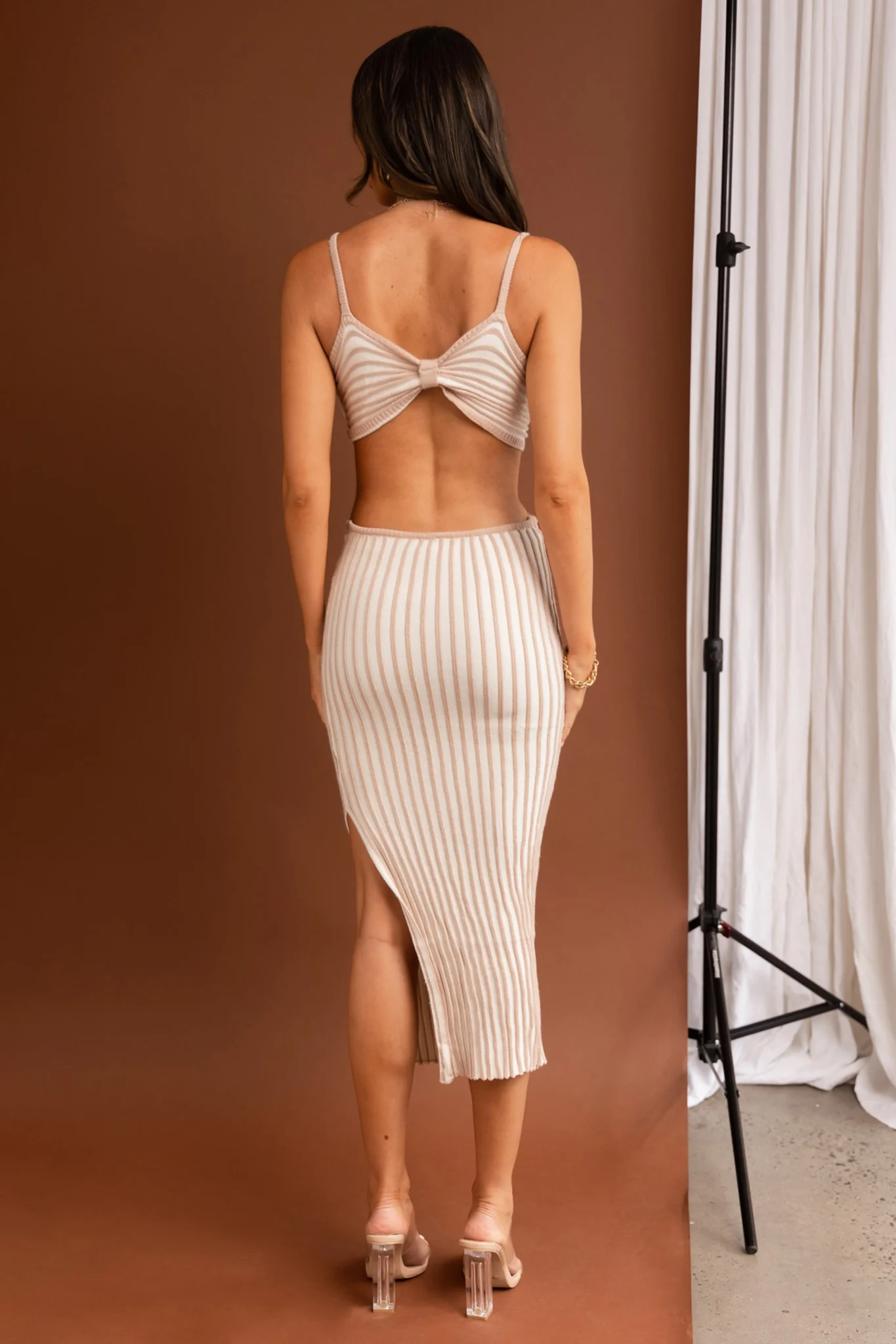 Sweepstakes Ribbed Knit Cut-Out Bodice Midi Dress Striped Beige - Sonourner
