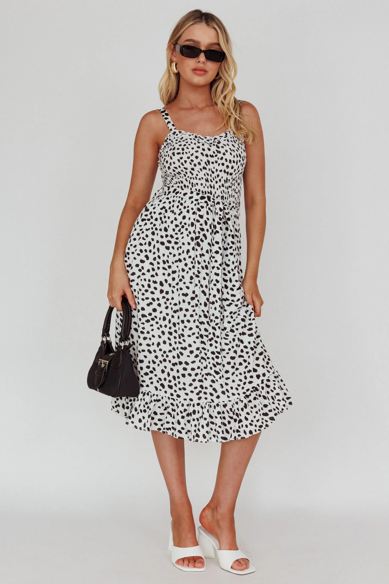 Honey Shirred Frill Midi Dress White/Black - Sonourner