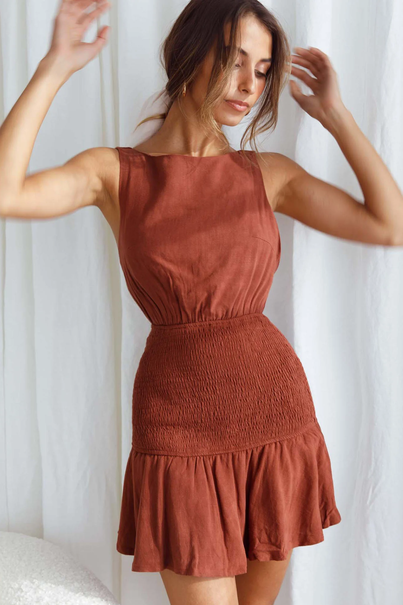 Antonine Elasticated Straps Shirred Waist Mini Dress Cinnamon - Sonourner