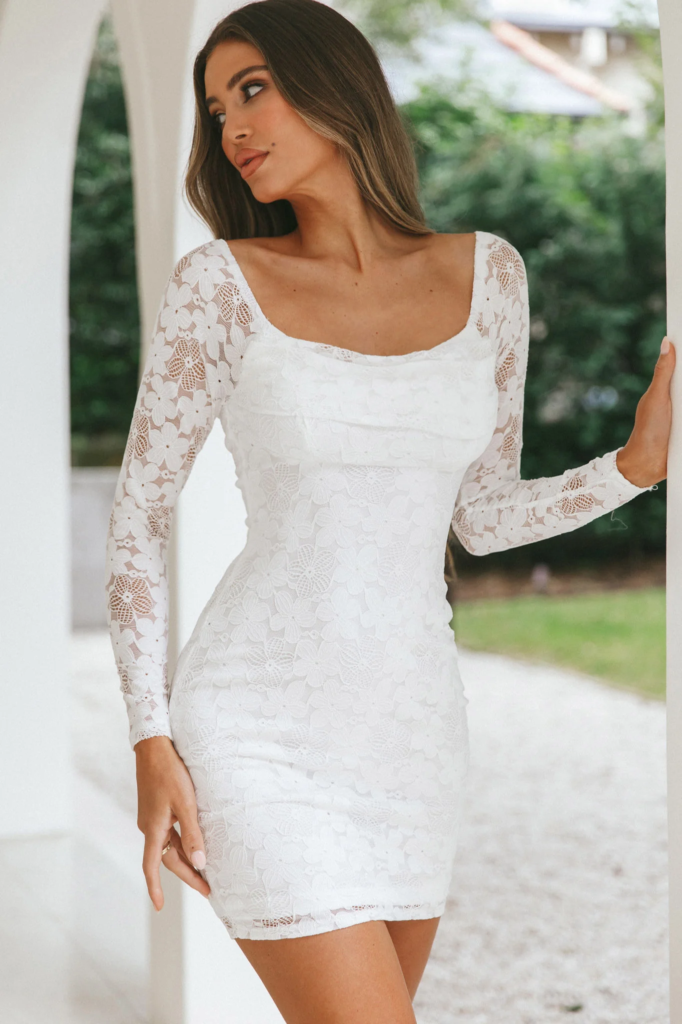 Freja Long Sleeve Cowl Neck Lace Mini Dress White - Sonourner