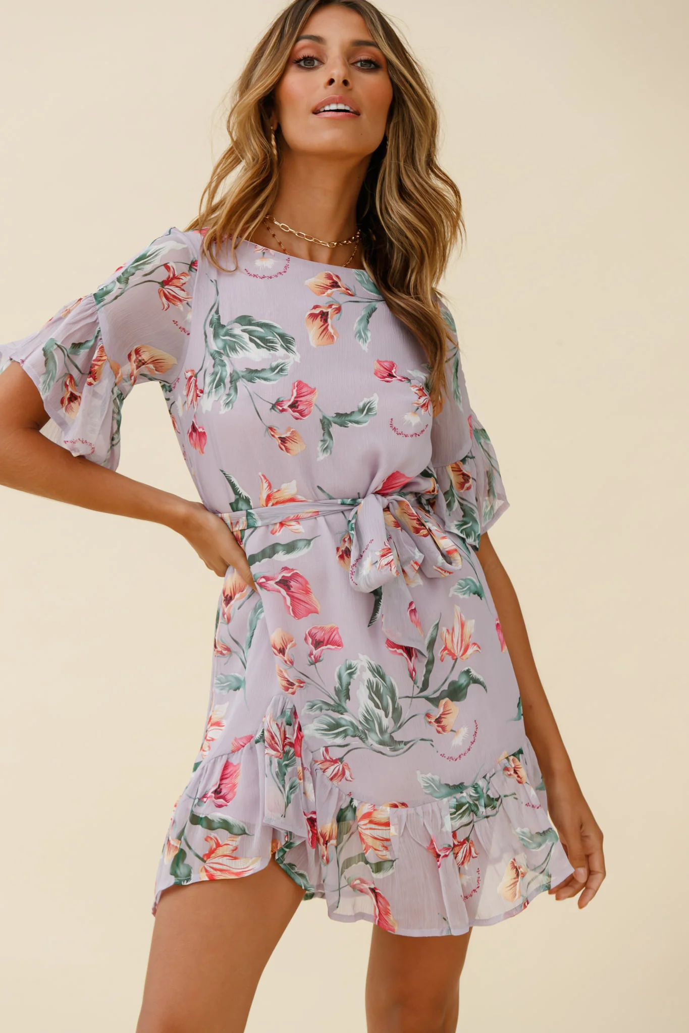 Azealia Ruffle Hem Dress Botanic Print Purple - Sonourner