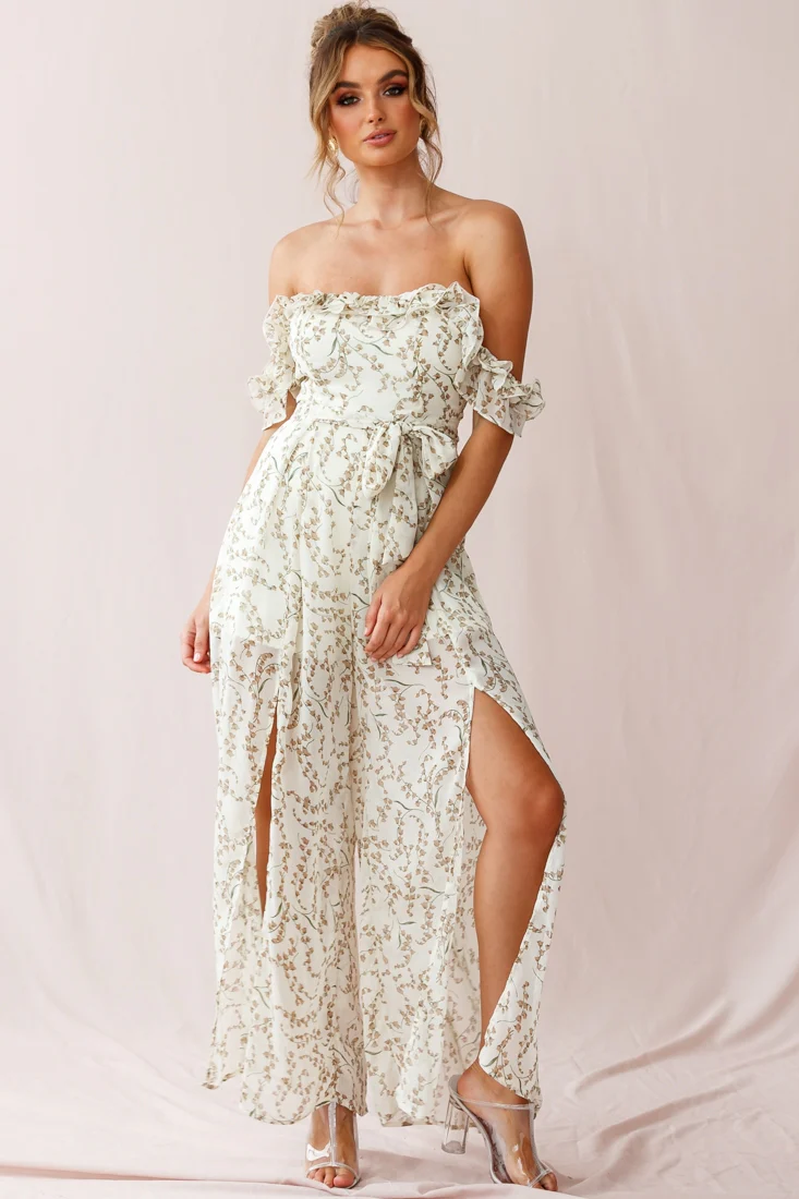 Jazz Bardot Neckline Wide Leg Split Jumpsuit Floral Print White - Sonourner