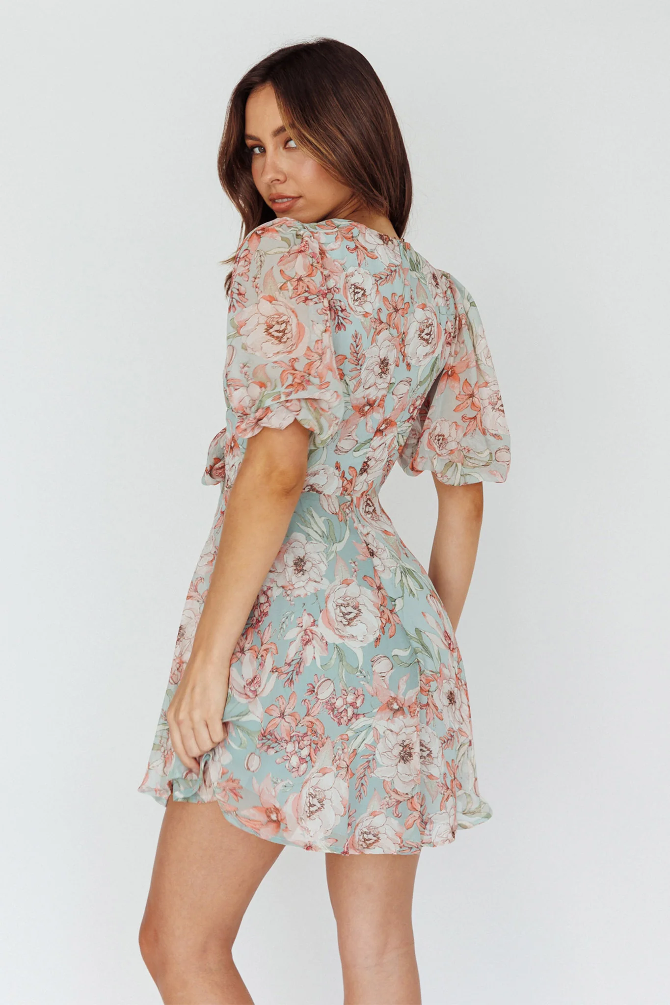 Madison Bow Tie Bust Puff Sleeve Dress Floral Mint - Sonourner