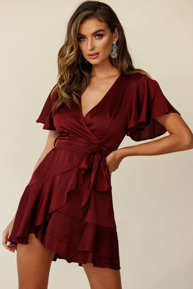 Cami Angel Sleeve Faux Wrap Dress Wine - Sonourner