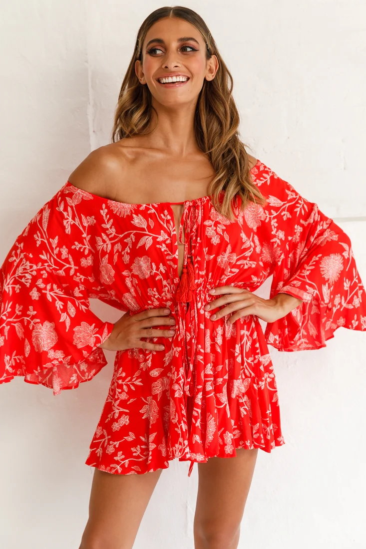 Fiona Drawstring Floral Romper Red - Sonourner