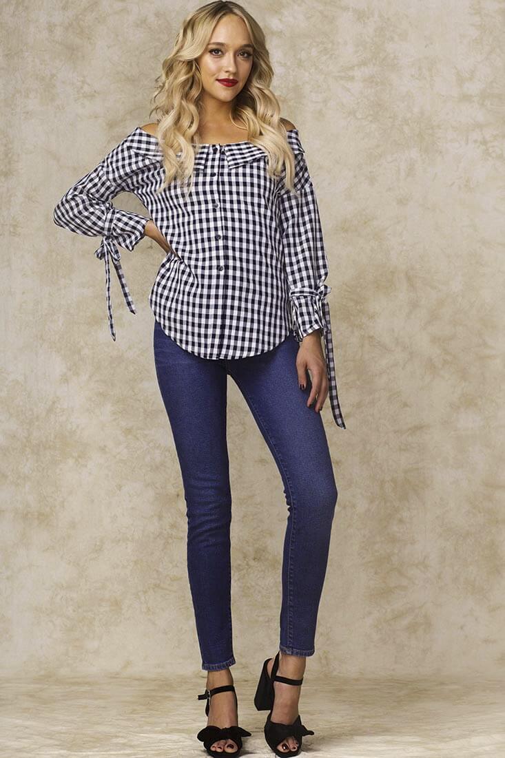 Clarke Off the Shoulder Checkered Dress Shirt Navy - Sonourner