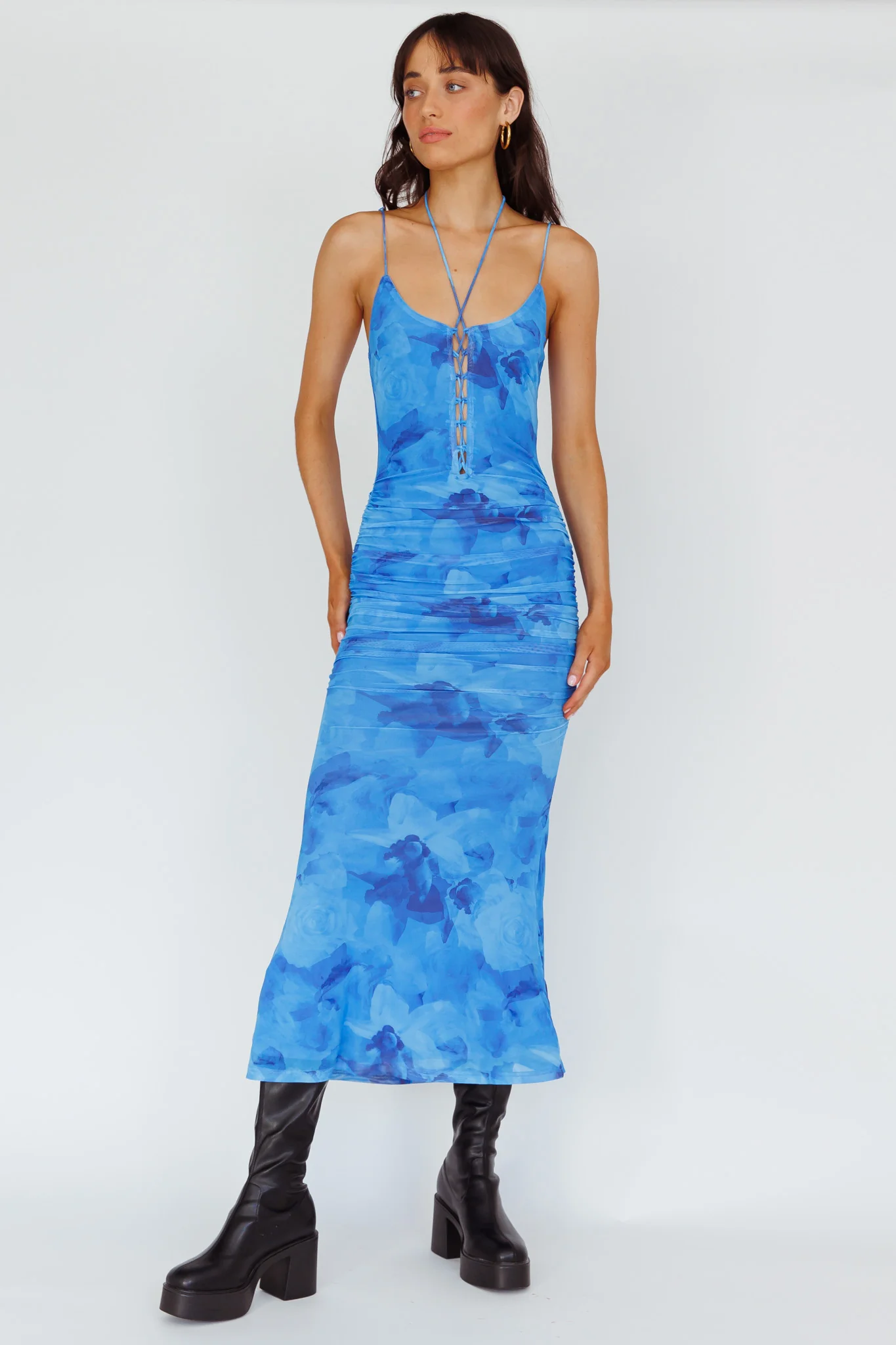 Gypsy Garden Laced Bodice Ruched Midi Dress Blue - Sonourner