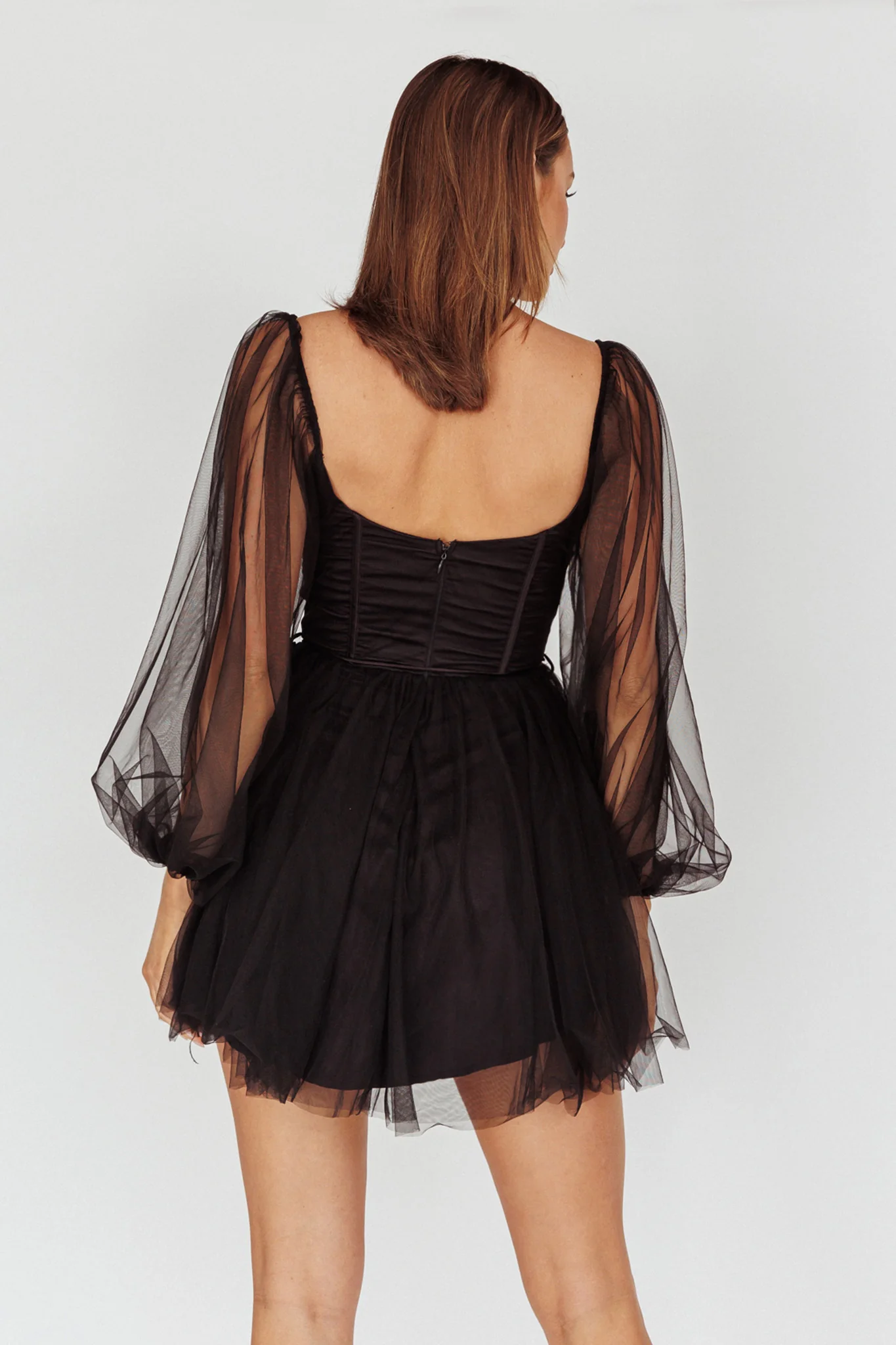 Fairytale Dream Sheer Sleeve Mini Dress Black - Sonourner