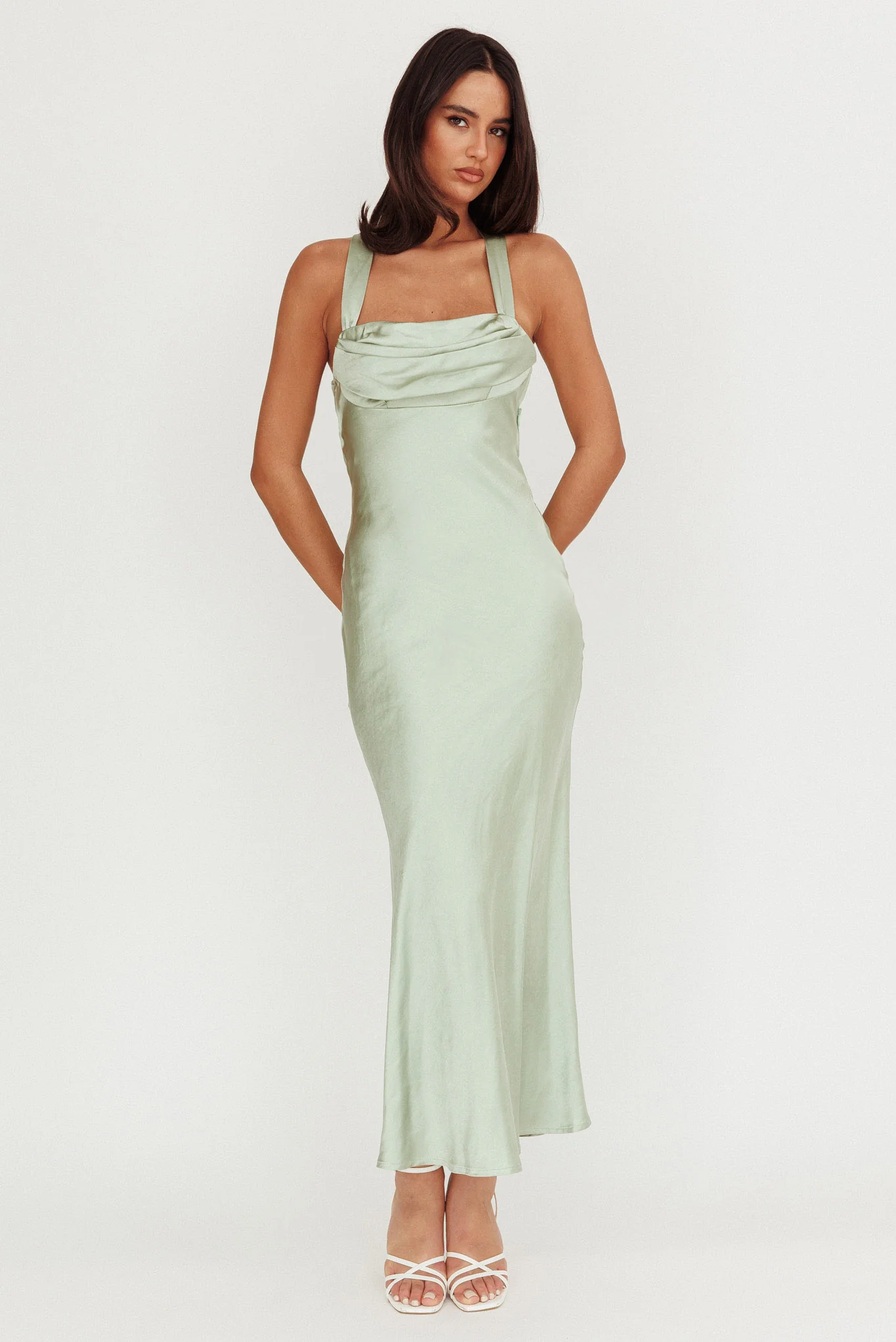Favorite Part Crossover Back Satin Maxi Dress Sage - Sonourner