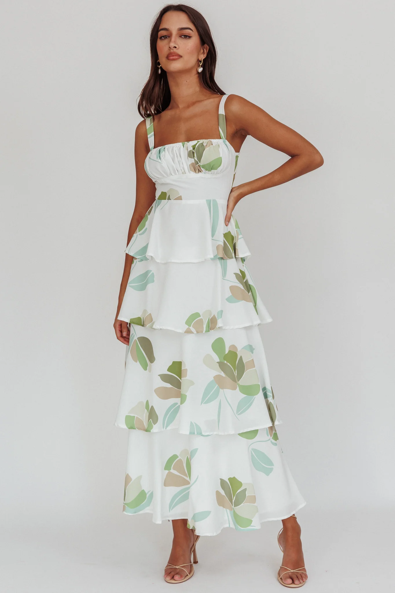 Provence Bloom Tiered Floral Maxi Dress Green - Sonourner