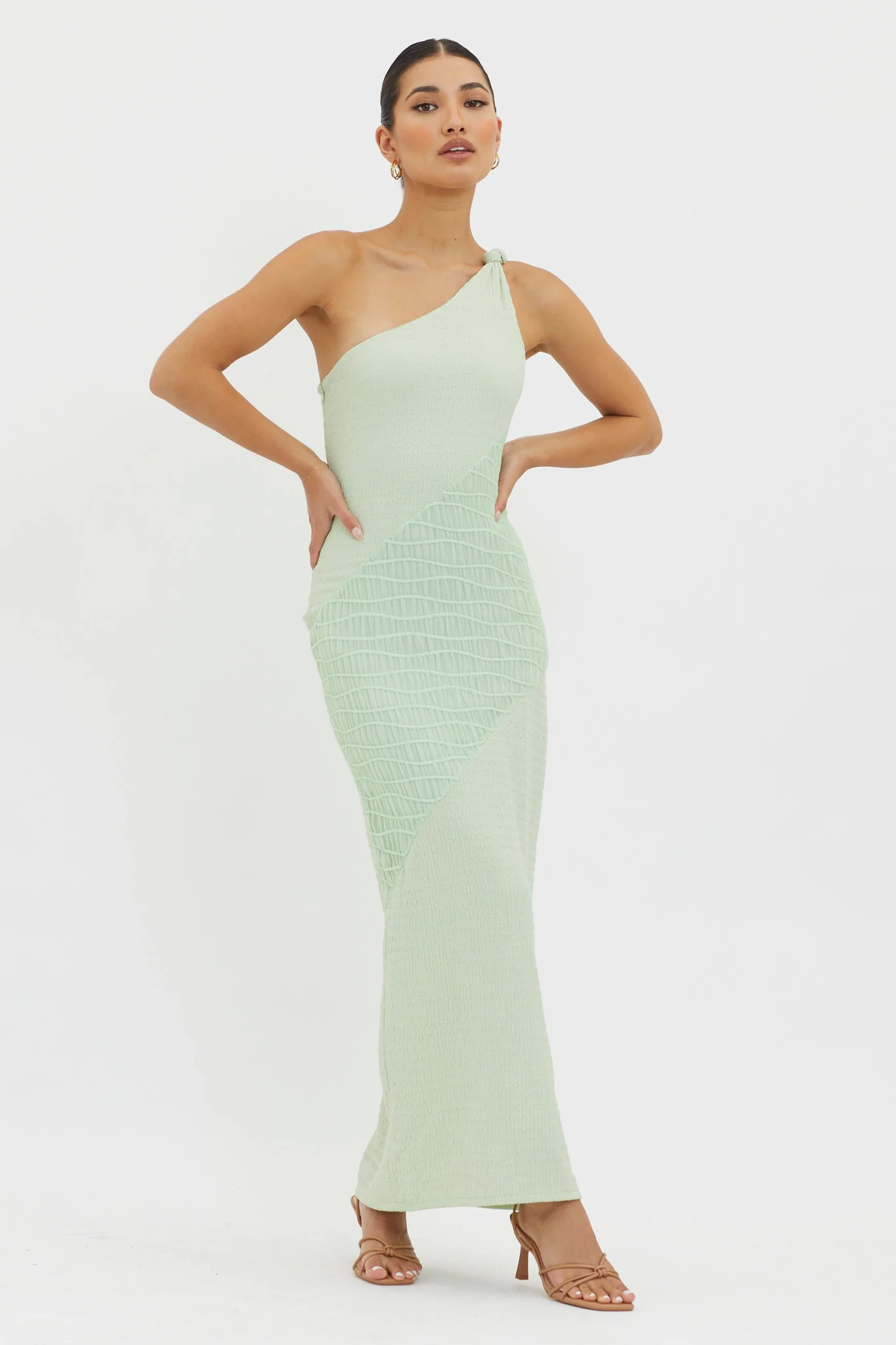 Clean Slate One-Shoulder Smocked Midi Dress Sage - Sonourner