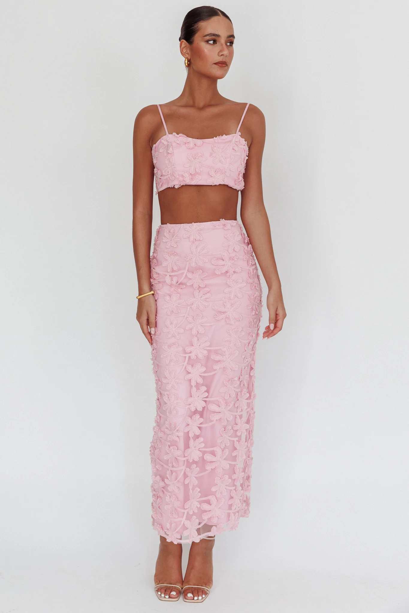 Casi Palm Tree Embroidered Maxi Skirt Baby Pink - Sonourner