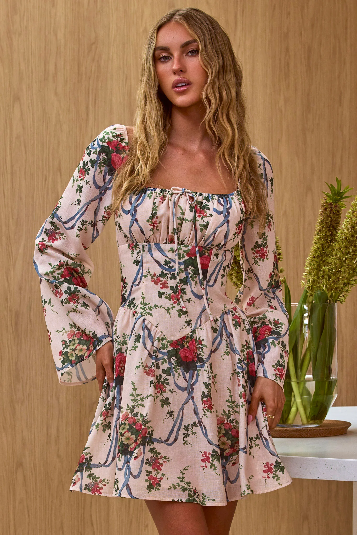 Emmy Gathered Bust Mini Dress Floral Pink - Sonourner