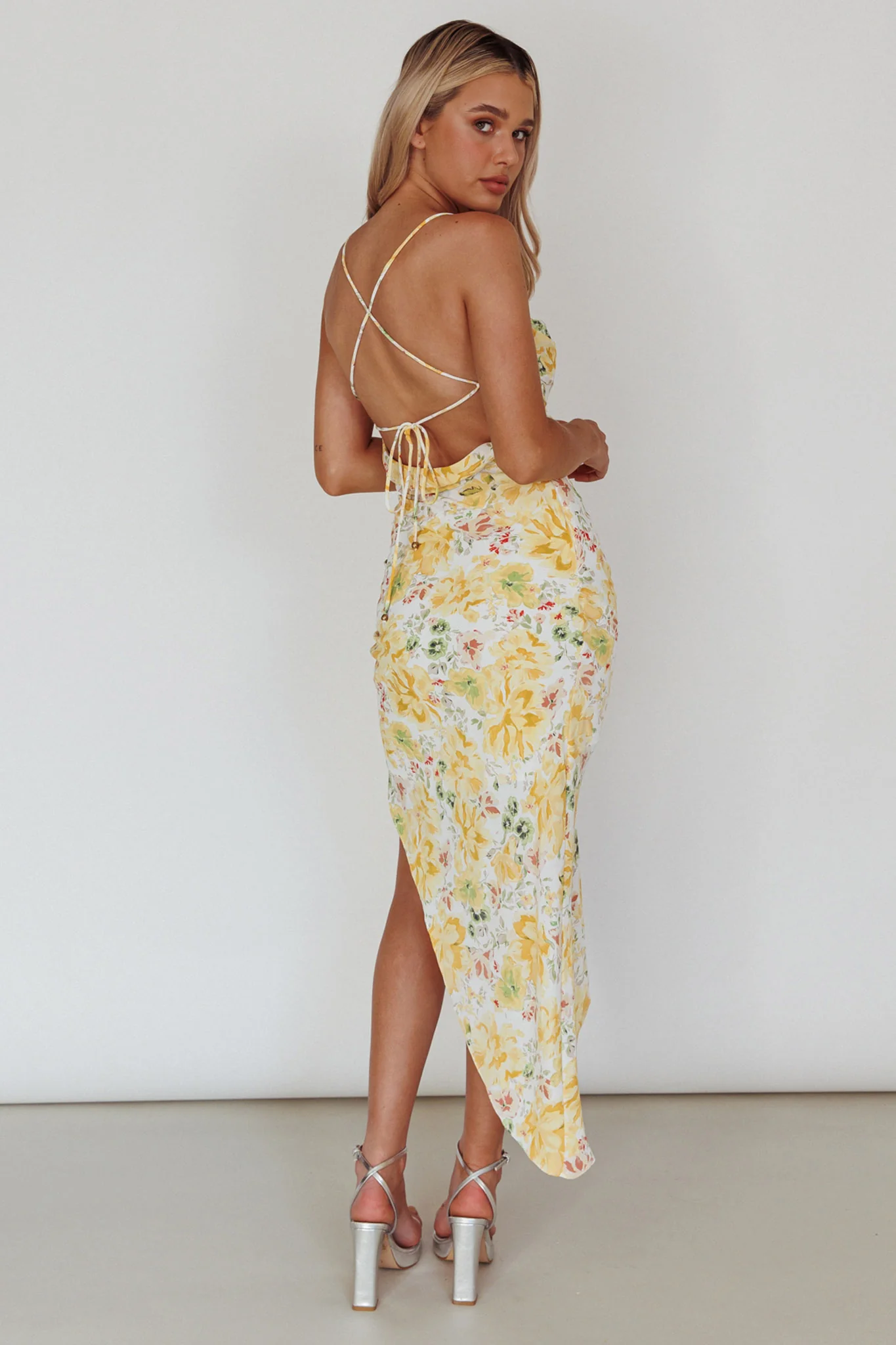 Klara Thigh Split Midi Dress Floral Yellow - Sonourner