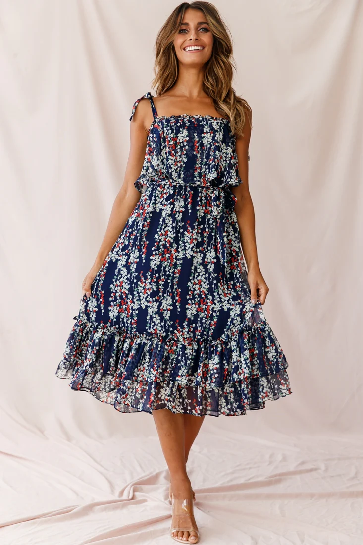 Maeve Shoulder Tie Layered Ruffle Dress Navy - Sonourner