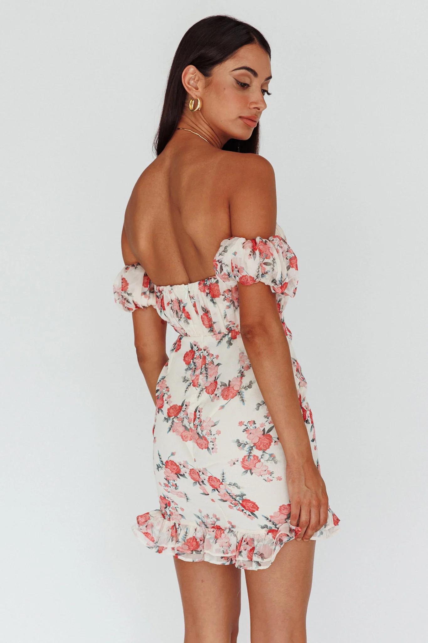 Verona Off-Shoulder Gathered Mini Dress Floral Red - Sonourner