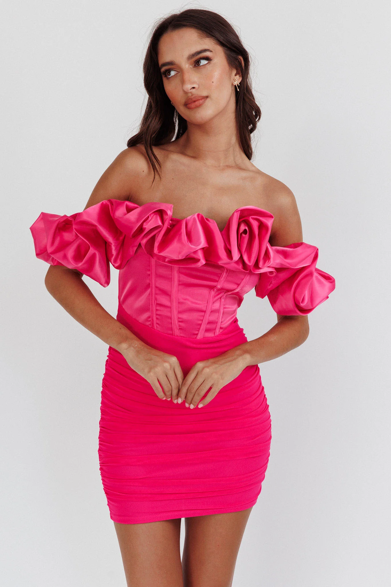Arista Off-Shoulder Ruched Mini Dress Hot Pink - Sonourner