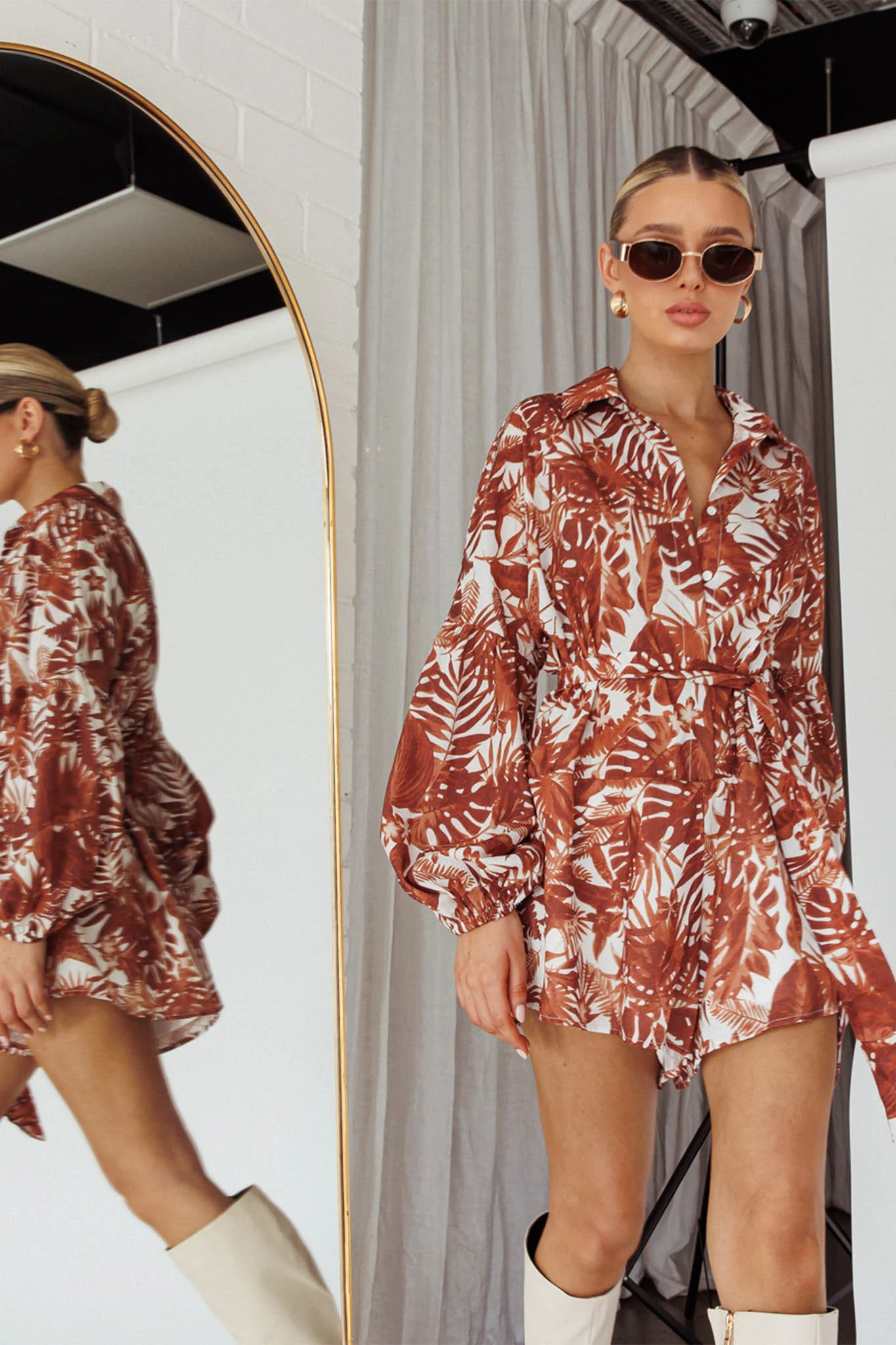 Daytona Beach Long Sleeve Shirt Romper Leaves Brown - Sonourner