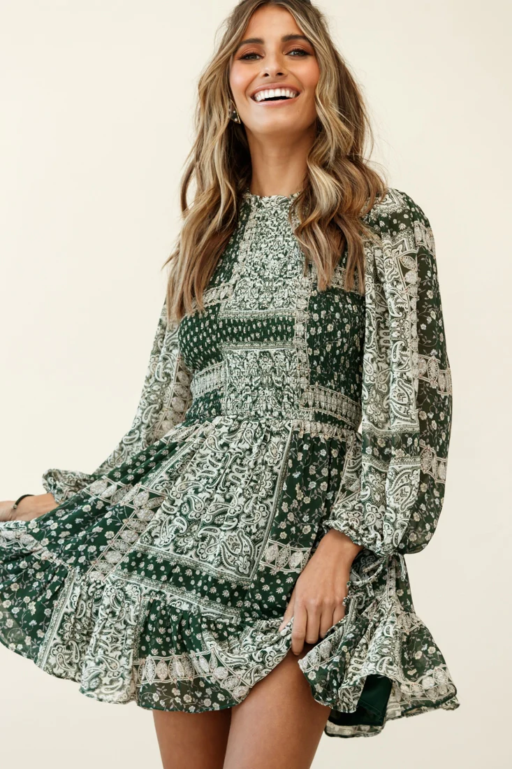 Marja Long Balloon Sleeve Shirred Dress Paisley Print Forest Green - Sonourner