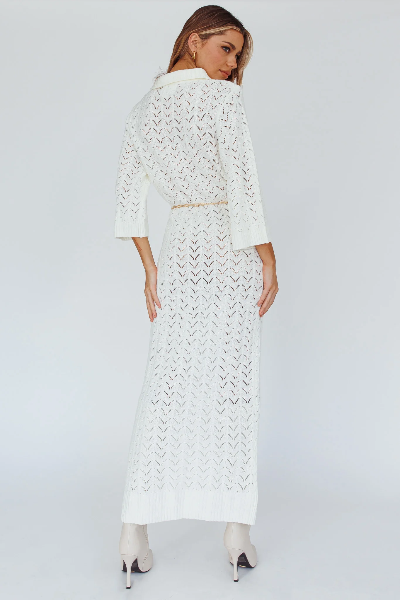 Alouette 3/4 Sleeve Crochet Midi Dress Cream - Sonourner