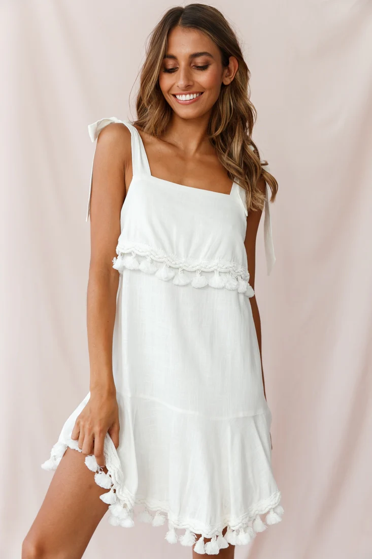 Sirocco Tassel Trim Tied Shoulder Dress White - Sonourner