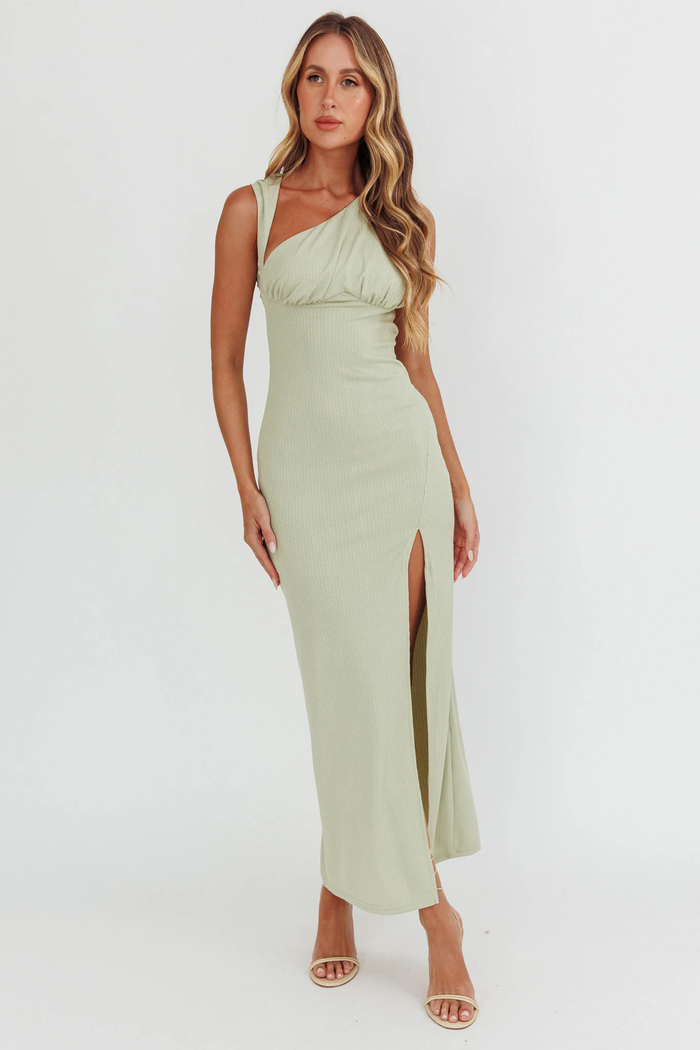 Daleela Asymmetric Neckline Maxi Dress Sage - Sonourner