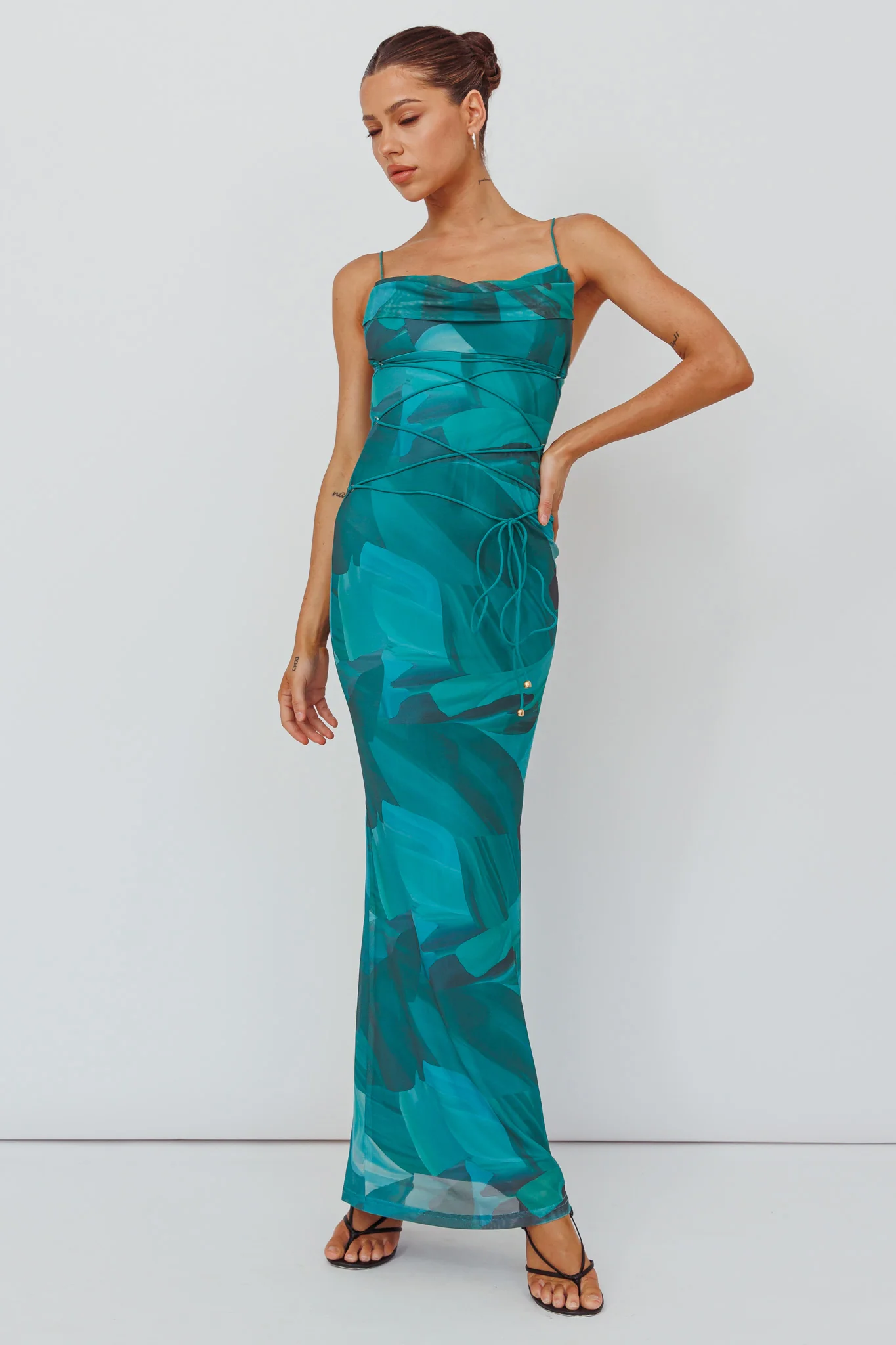 Teava Laced Waist Maxi Dress Abstract Green - Sonourner