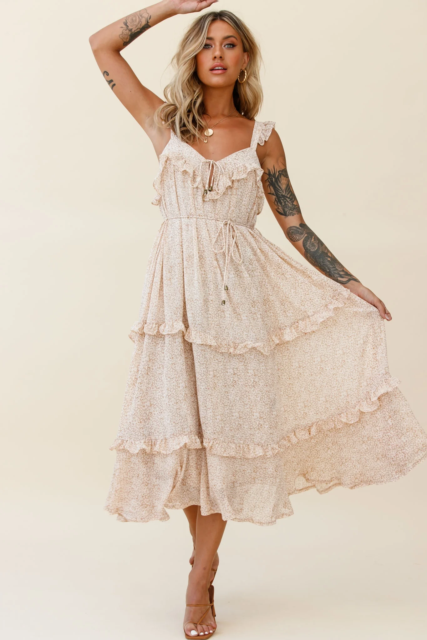 Priscilla Frill Detail Maxi Dress Floral Print Beige - Sonourner