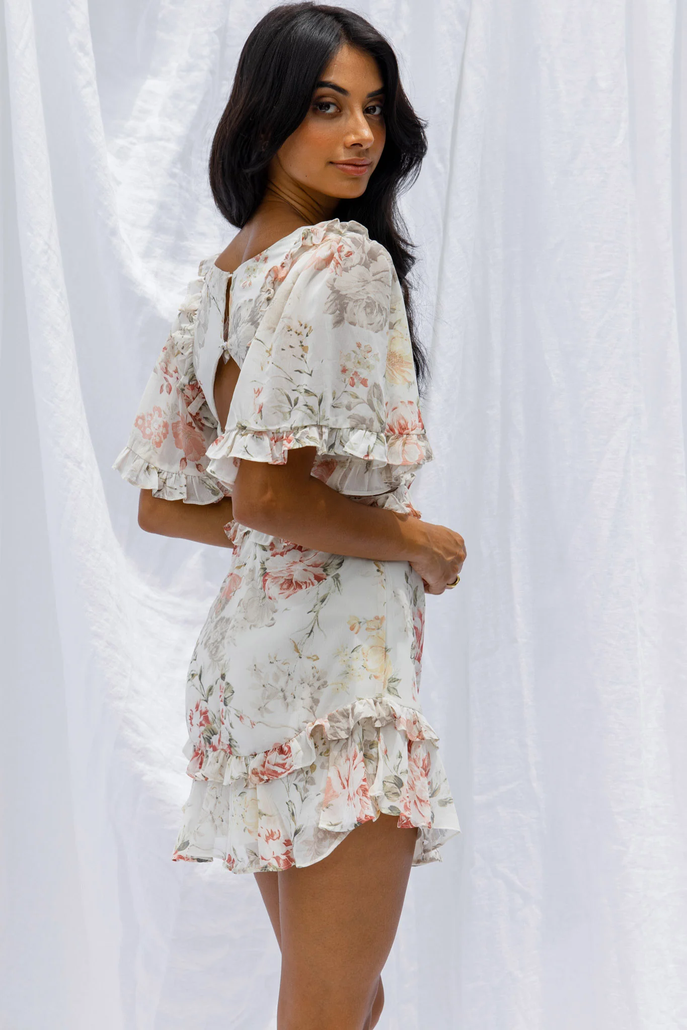 My Belle Cut-Out Detail Frill Accent Dress Vintage Floral Print White - Sonourner