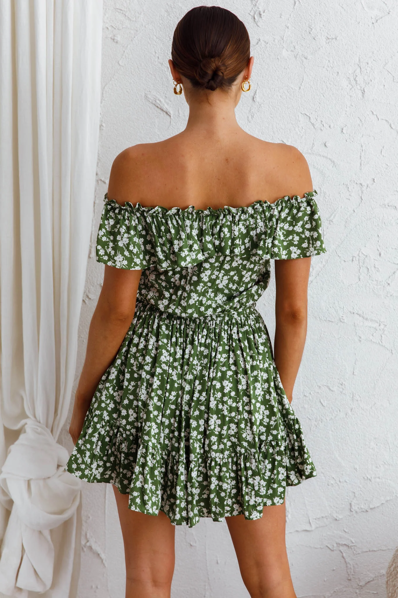 Andie Off-Shoulder Frill Dress Floral Green - Sonourner
