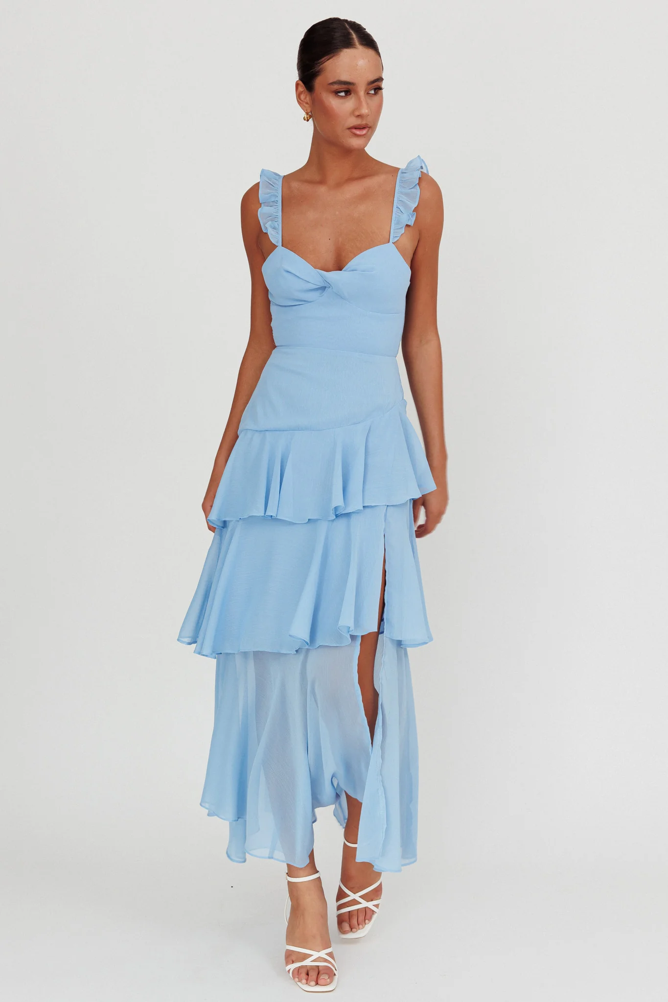 Veda Ruffle Strap Split Maxi Dress Blue - Sonourner