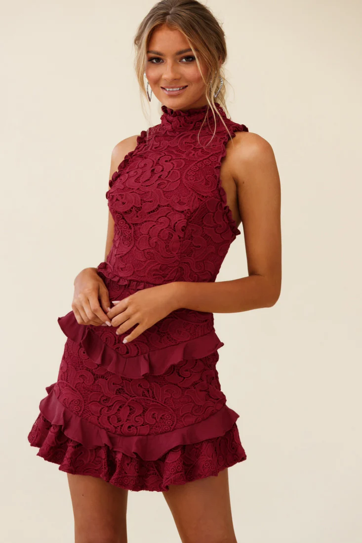 Osiris Sleeveless High Neck Lace Dress Wine - Sonourner
