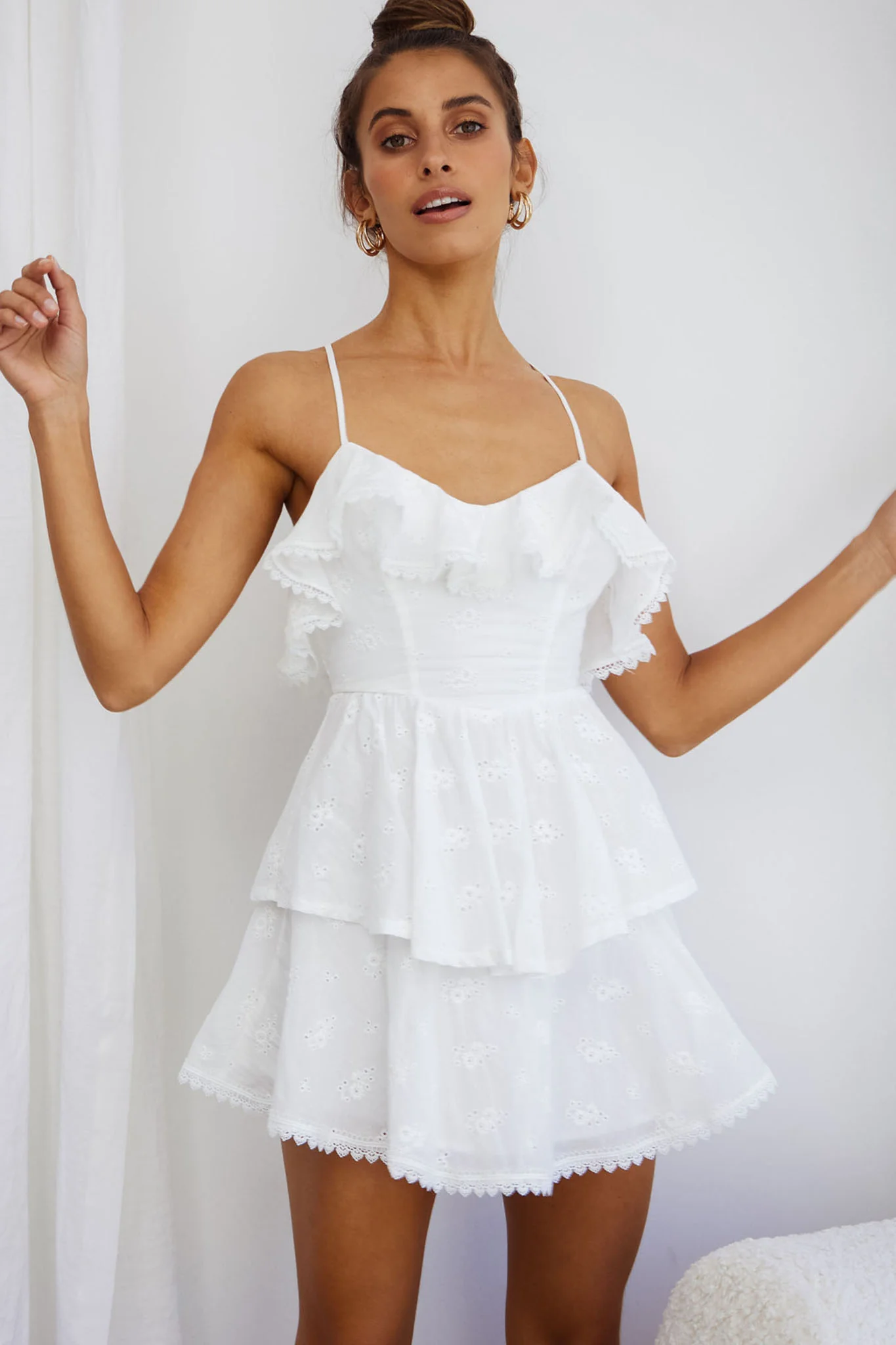 Tameka Ruffle Trim Layered Hem Eyelet Dress White - Sonourner