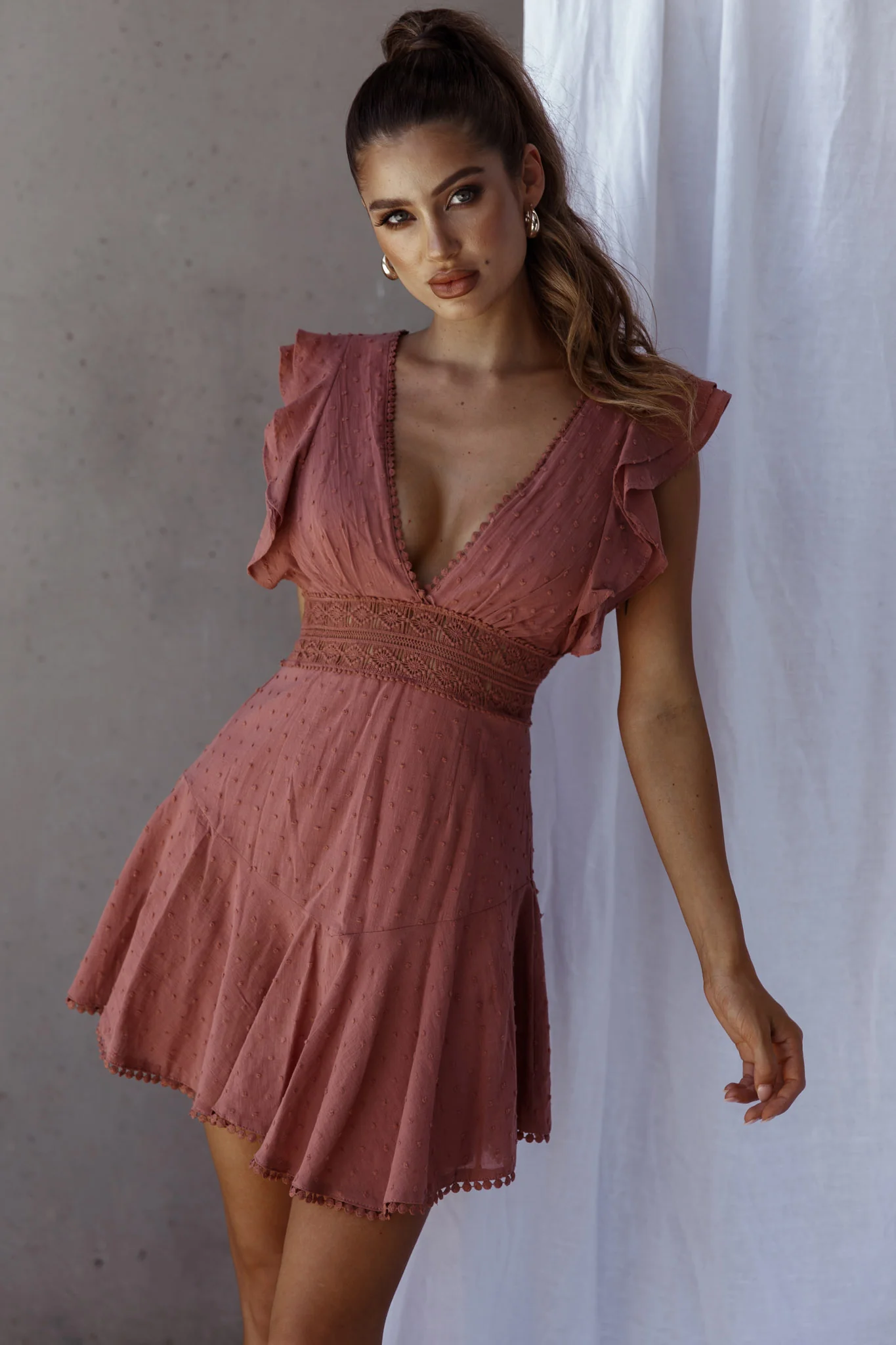 Idyllwild Ruffle Shoulder Mini Dress Rose - Sonourner