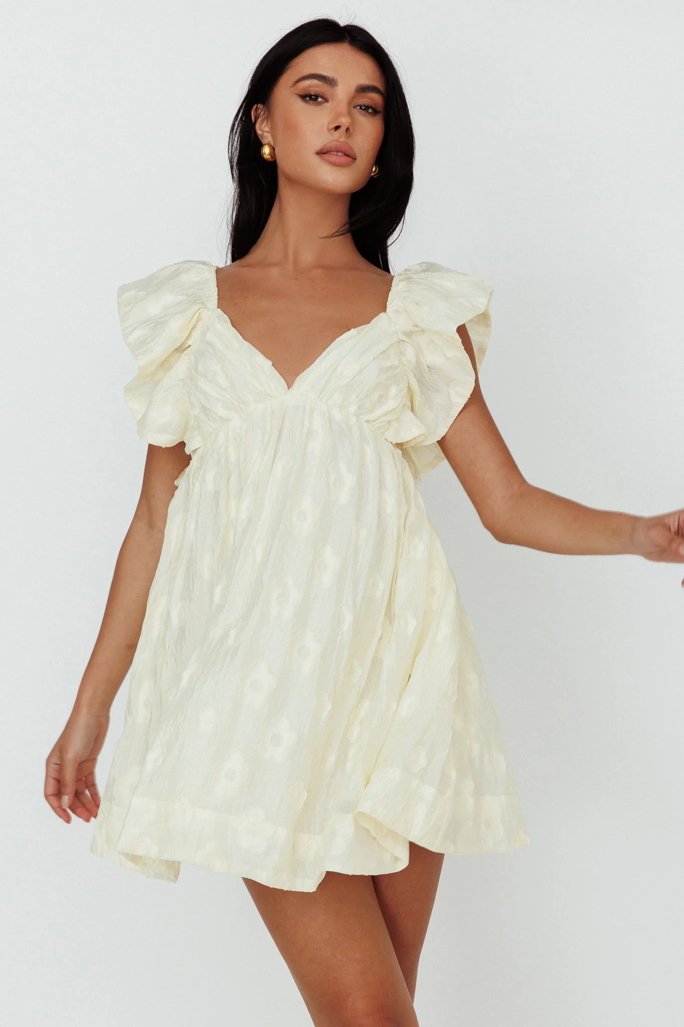 Melrose Place Floral Textured Frill Dress Lemon - Sonourner