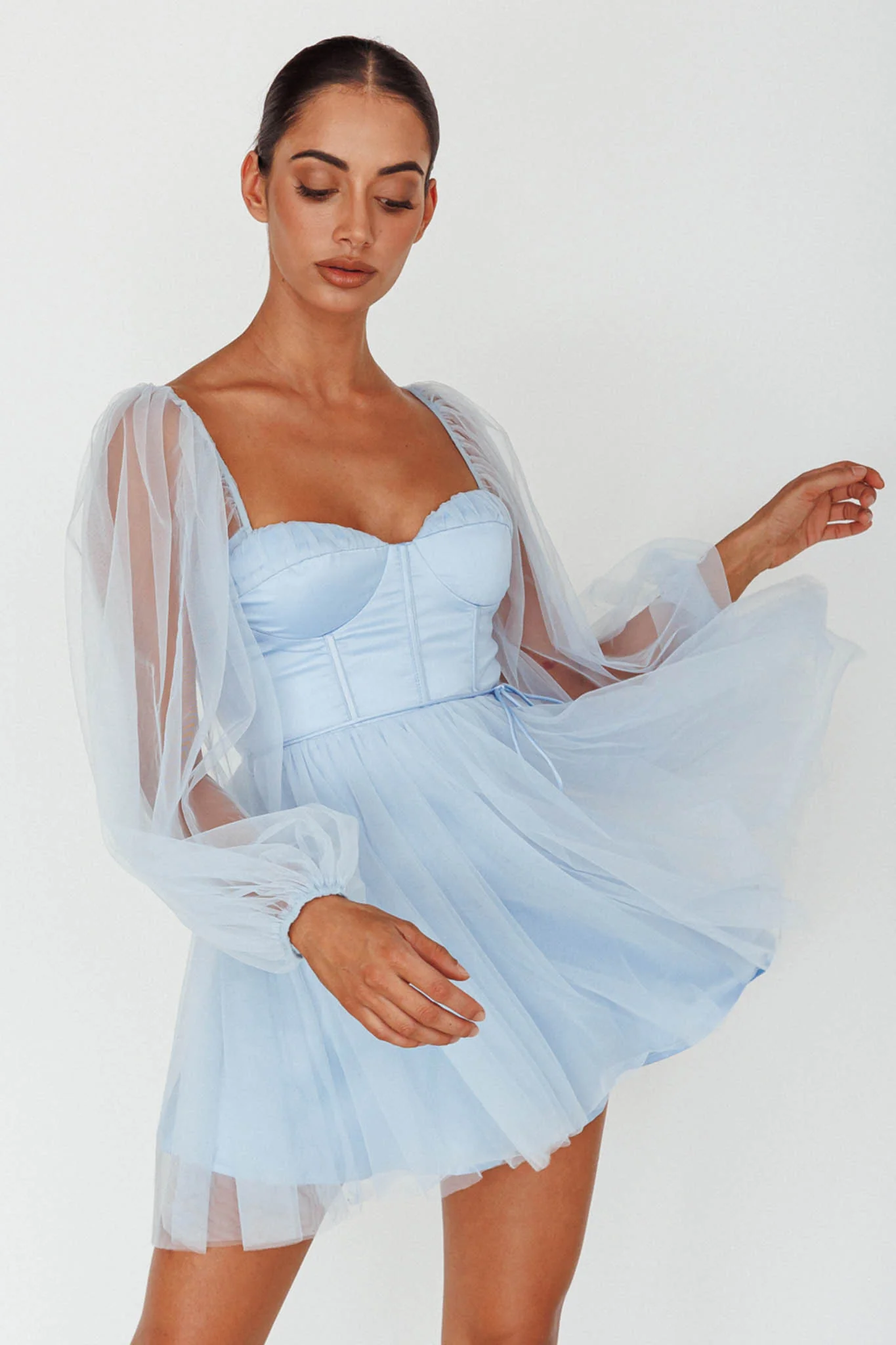 Fairytale Dream Sheer Sleeve Mini Dress Blue - Sonourner