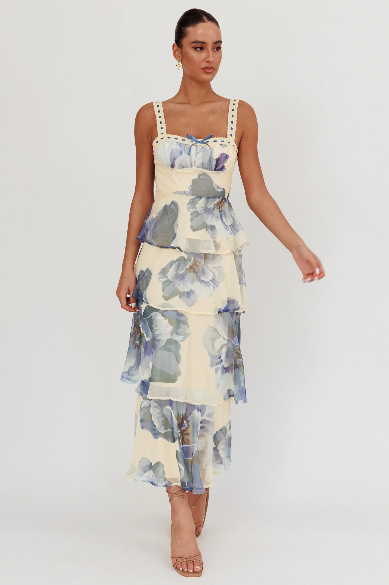 Provence Bloom Tiered Ruffle Maxi Dress Beige/Blue - Sonourner