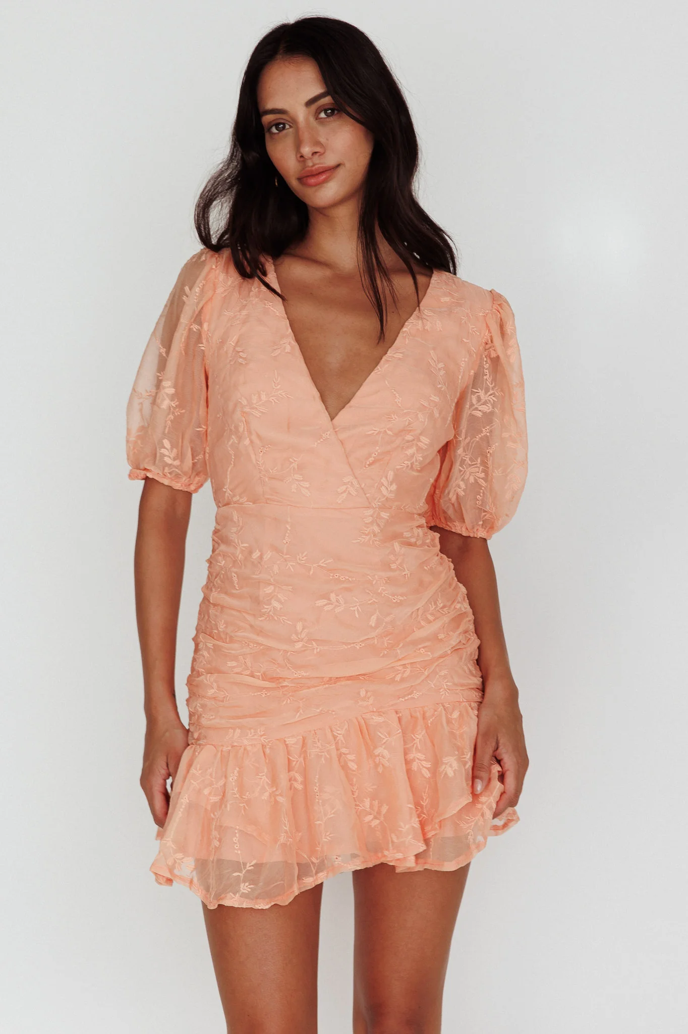 Cherry Blossom Puff Sleeve Wide Ruffle Hem Dress Orange - Sonourner