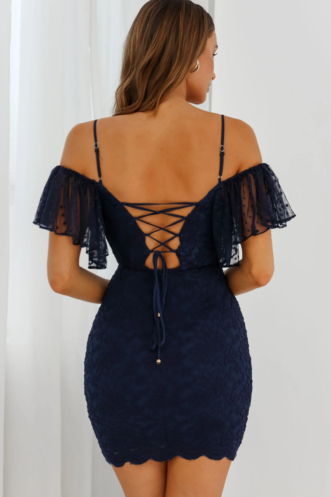 Maribel Hail Spot Sleeve Lace-Up Back Lace Mini Dress Navy - Sonourner