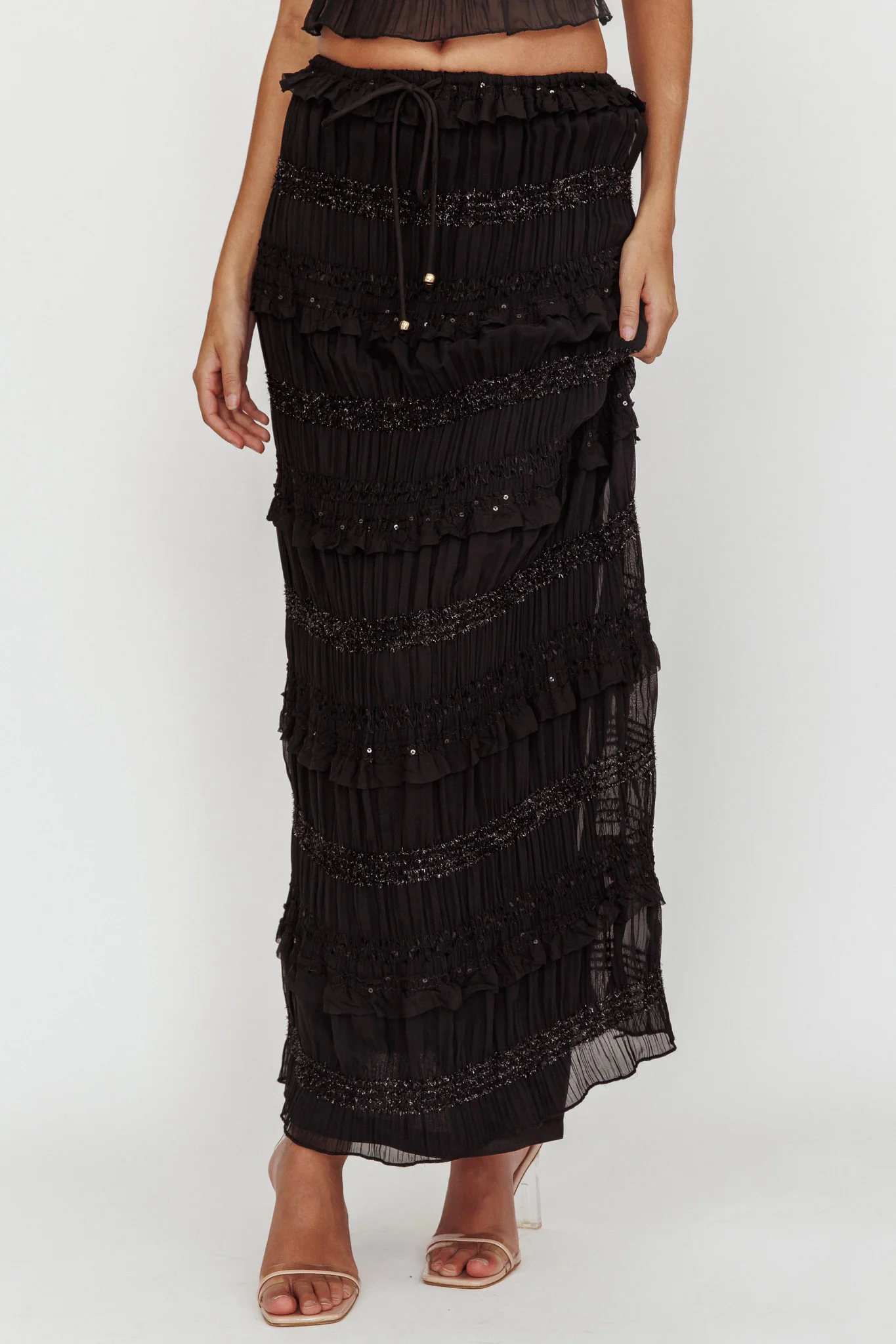 Helios Shirred Sequin Maxi Skirt Black - Sonourner