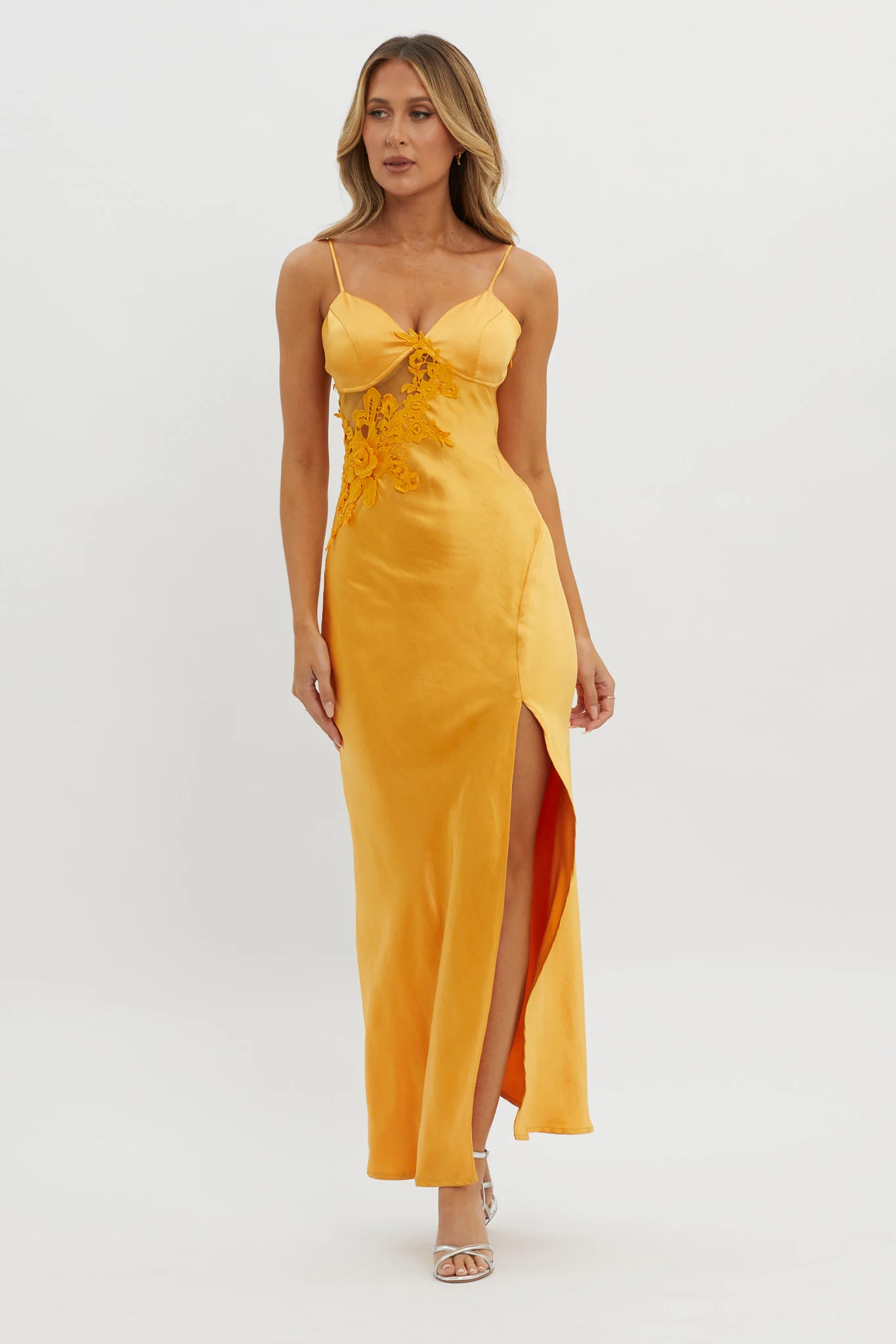 Roxana Applique Trim Split Maxi Dress Orange - Sonourner