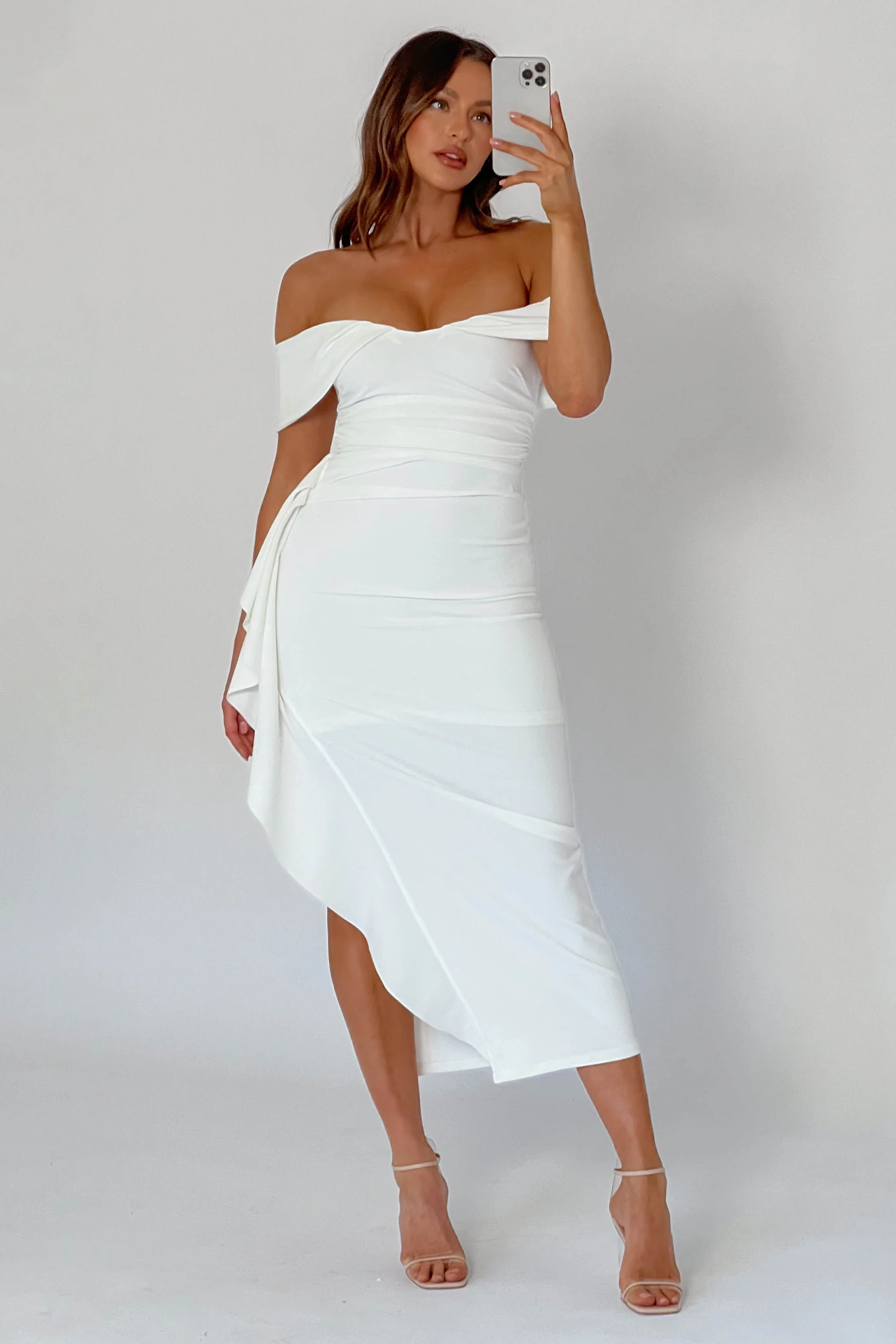 Lillianne Off-Shoulder Side Ruffle Maxi Dress White - Sonourner
