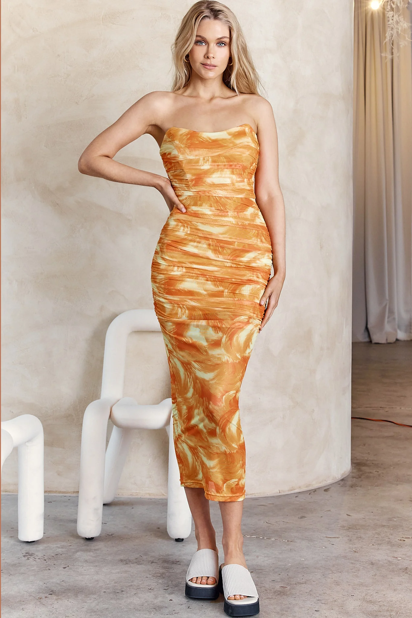 Logan Strapless Ruched Midi Dress Orange - Sonourner