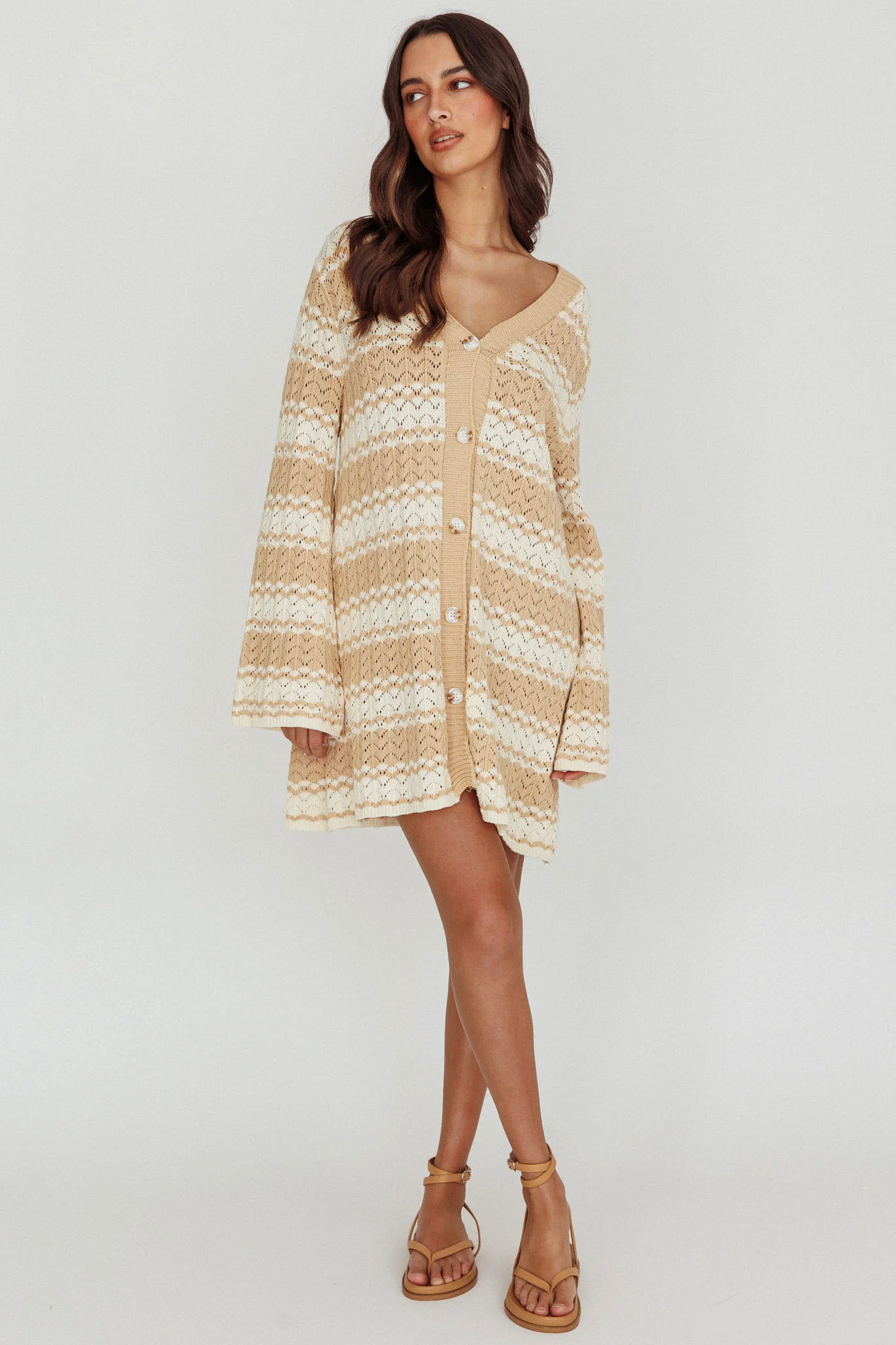 Maysah Button-Up Knit Shirt Dress Nude Ivory - Sonourner