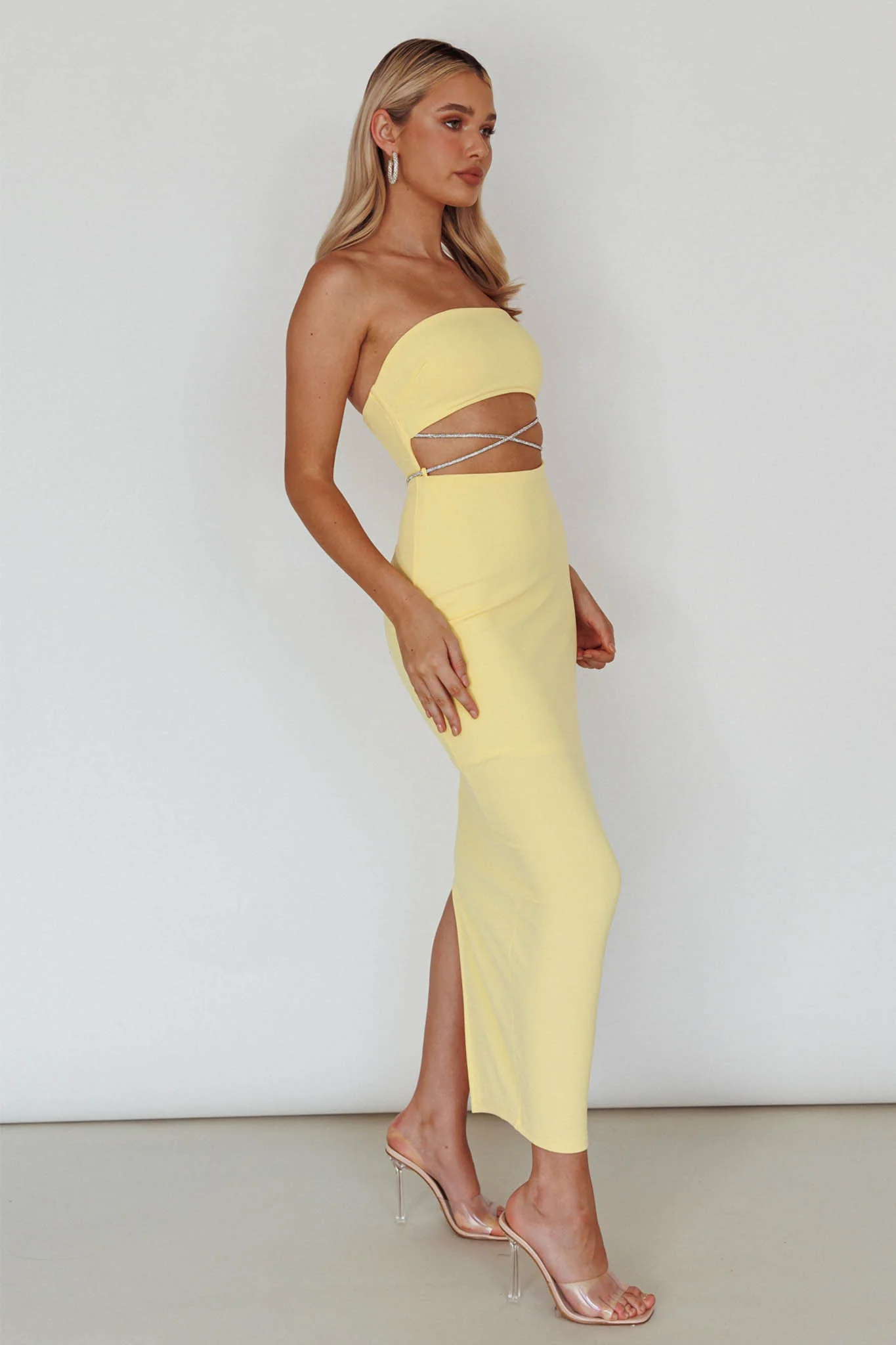 Nohemi Strapless Diamante Midi Dress Yellow - Sonourner