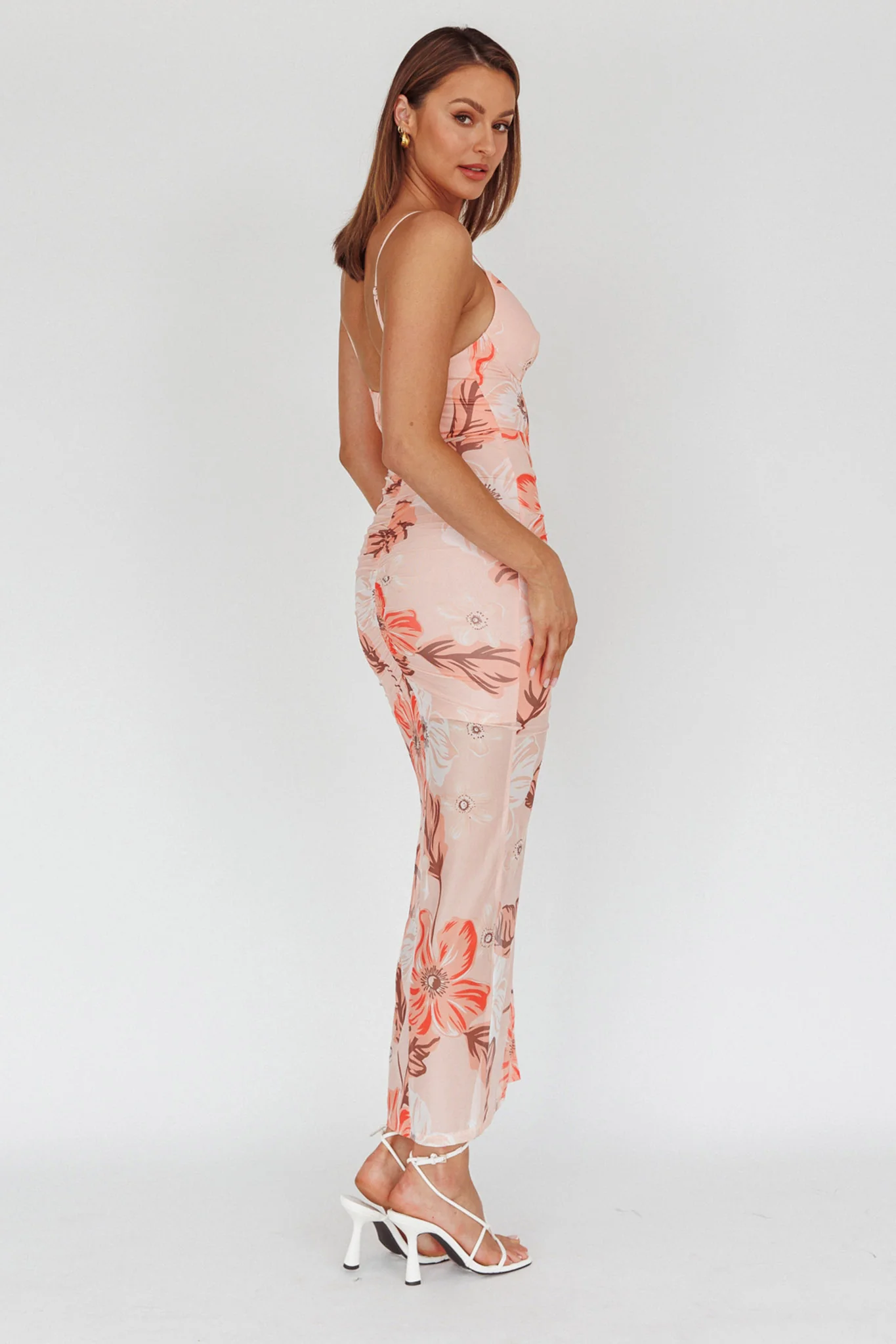 Lake Como Fitted Bodice Side Split Dress Floral Pink - Sonourner