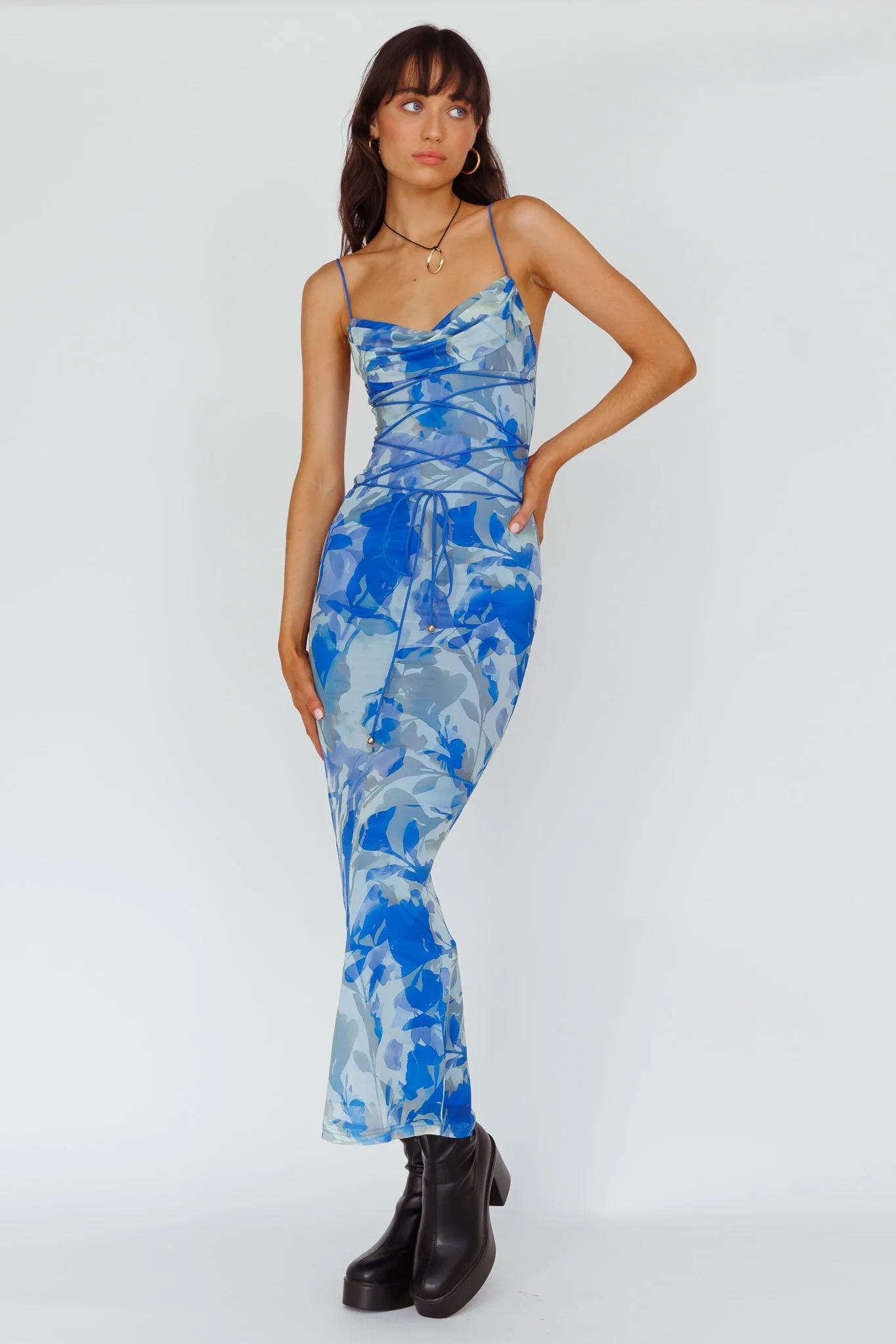 Teava Laced Waist Maxi Dress Print Floral Blue - Sonourner